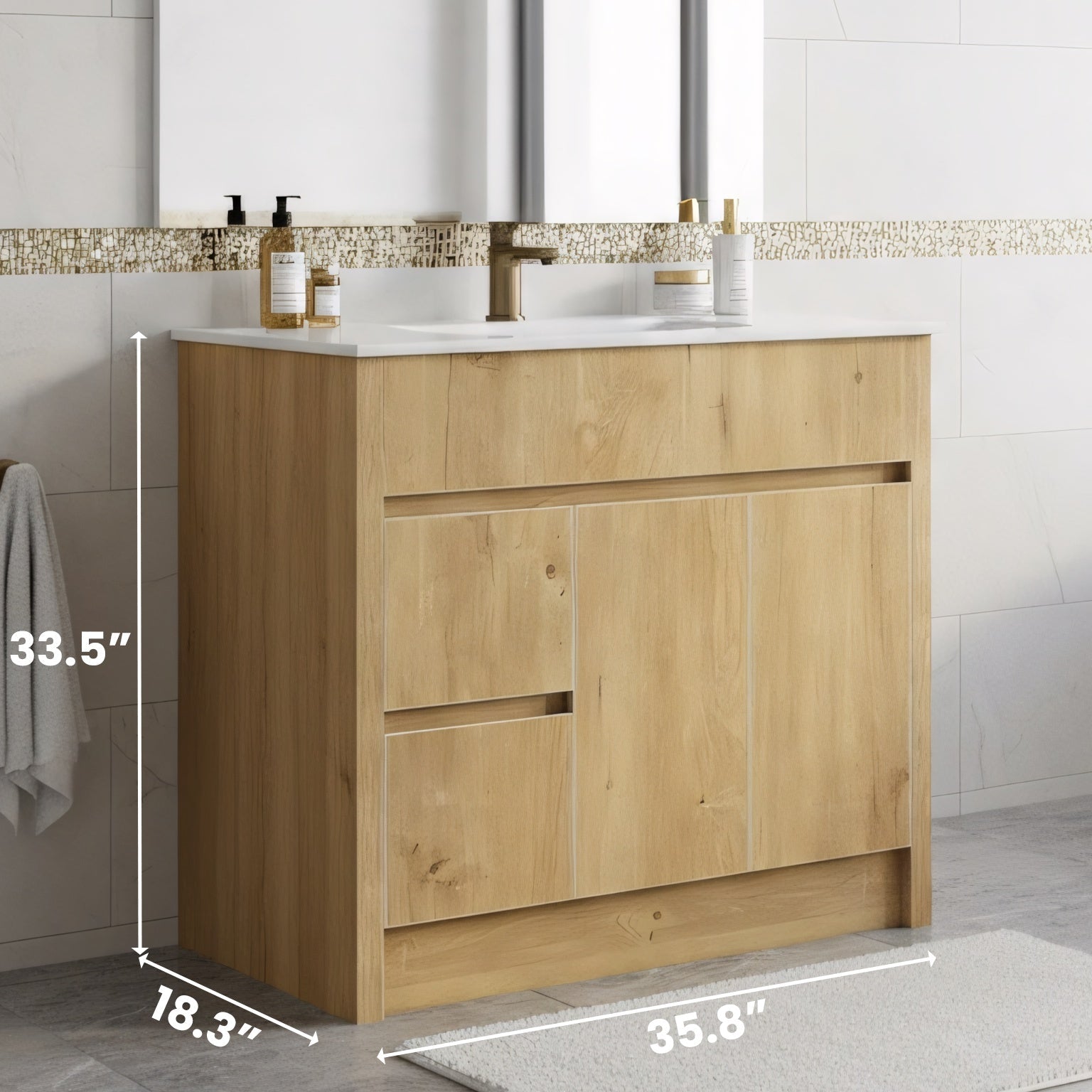 36" Frosted Oak Freestanding Bathroom Vanity with White Ceramic Countertop-Migration_Bathroom Vanities-DECOROLALA