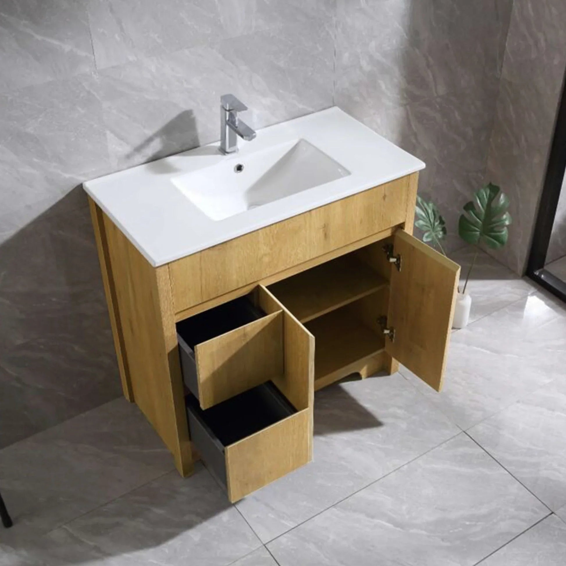 36" Frosted Oak Freestanding Bathroom Vanity with White Ceramic Countertop-Migration_Bathroom Vanities-DECOROLALA