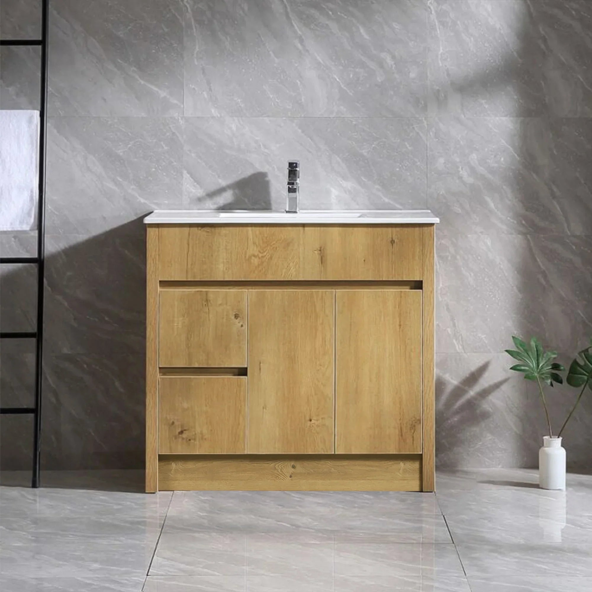 36" Frosted Oak Freestanding Bathroom Vanity with White Ceramic Countertop-Migration_Bathroom Vanities-DECOROLALA