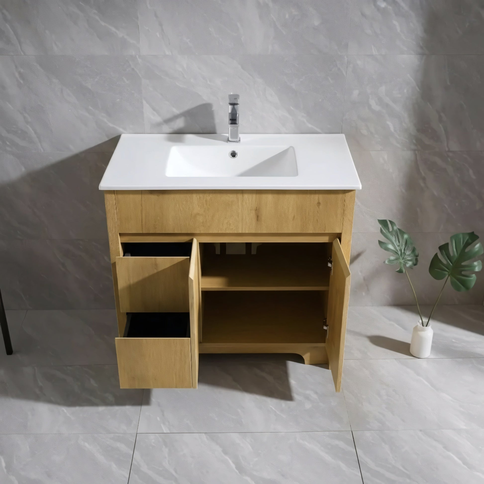 36" Frosted Oak Freestanding Bathroom Vanity with White Ceramic Countertop-Migration_Bathroom Vanities-DECOROLALA
