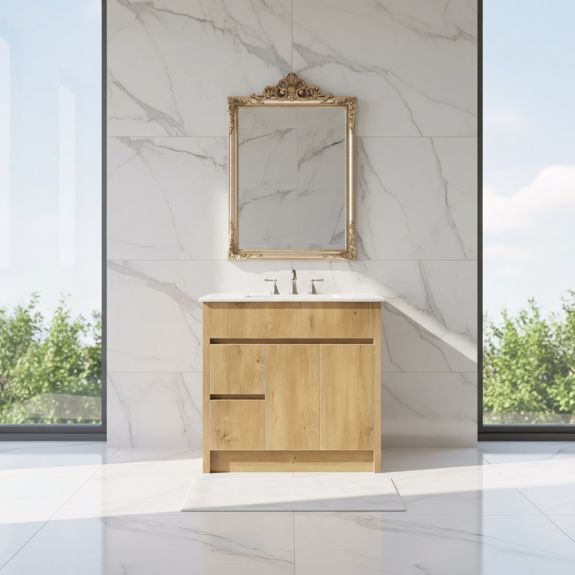 36" Frosted Oak Freestanding Bathroom Vanity with White Ceramic Countertop-Migration_Bathroom Vanities-DECOROLALA