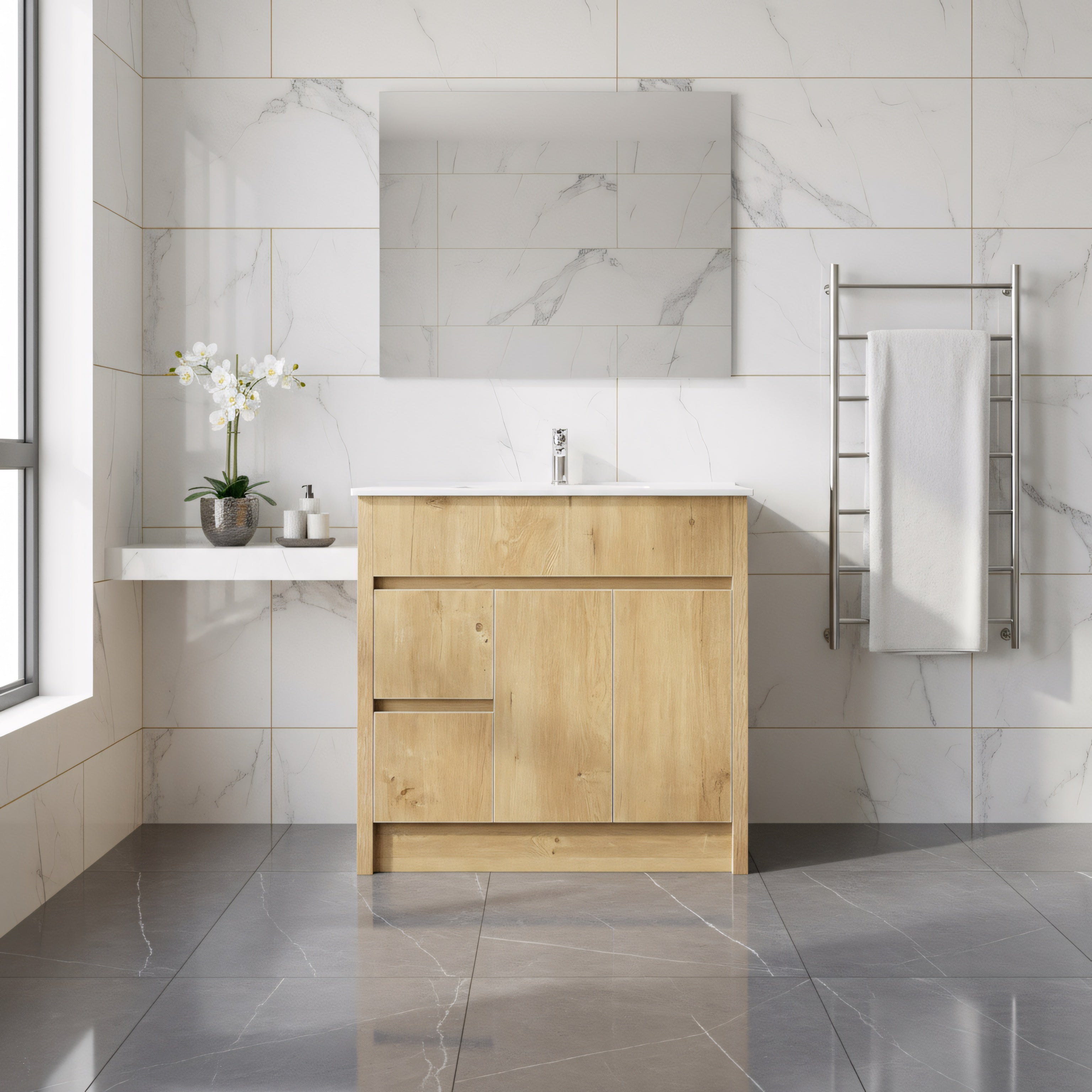 36" Frosted Oak Freestanding Bathroom Vanity with White Ceramic Countertop-Migration_Bathroom Vanities-DECOROLALA