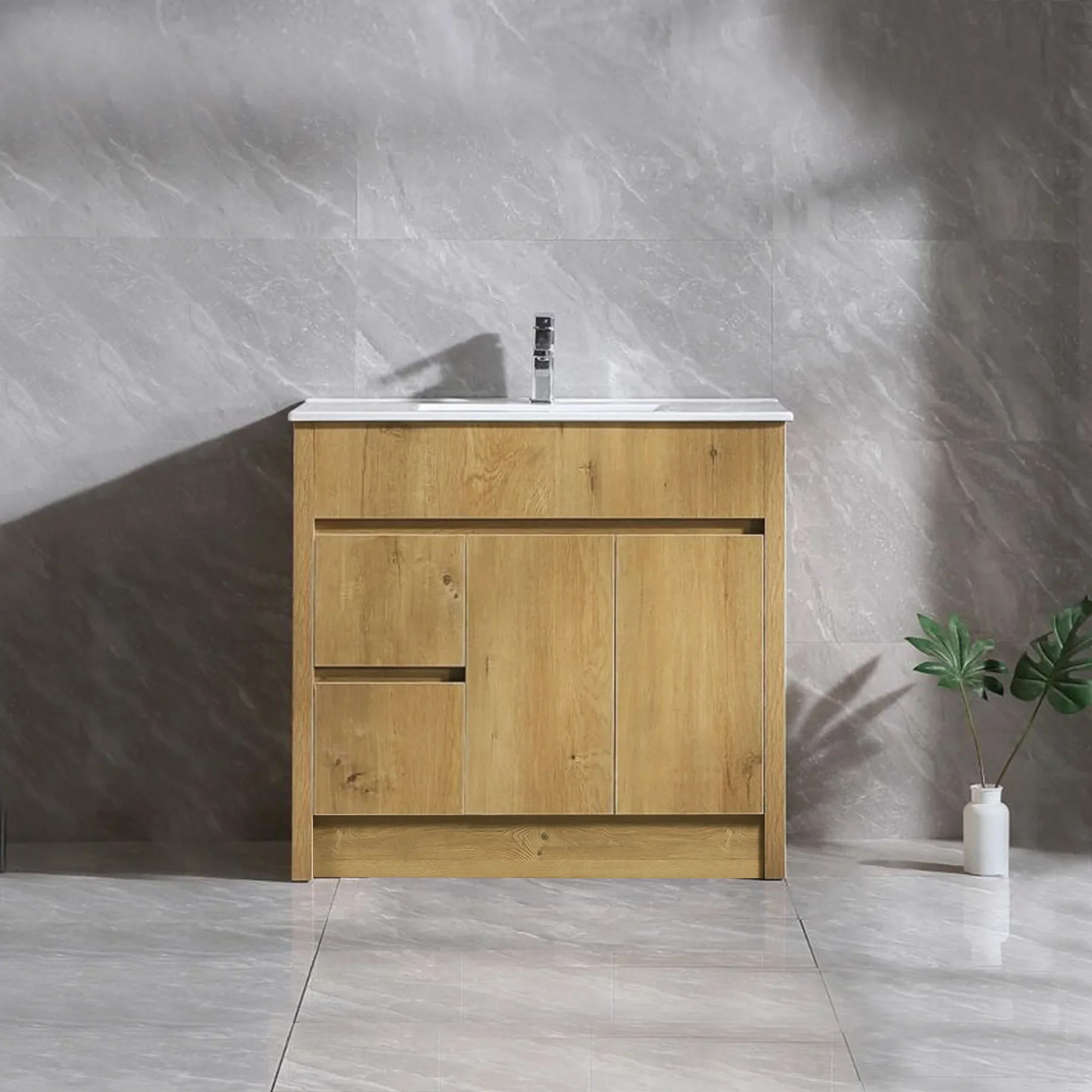 36" Frosted Oak Freestanding Bathroom Vanity with White Ceramic Countertop-Migration_Bathroom Vanities-DECOROLALA
