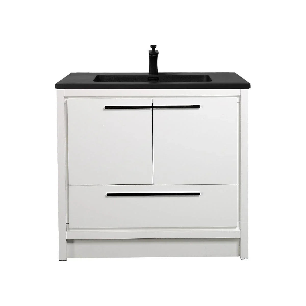 36" Glossy White Freestanding Bathroom Vanity with Black Engineered Quartz Countertop-Migration_Bathroom Vanities-DECOROLALA