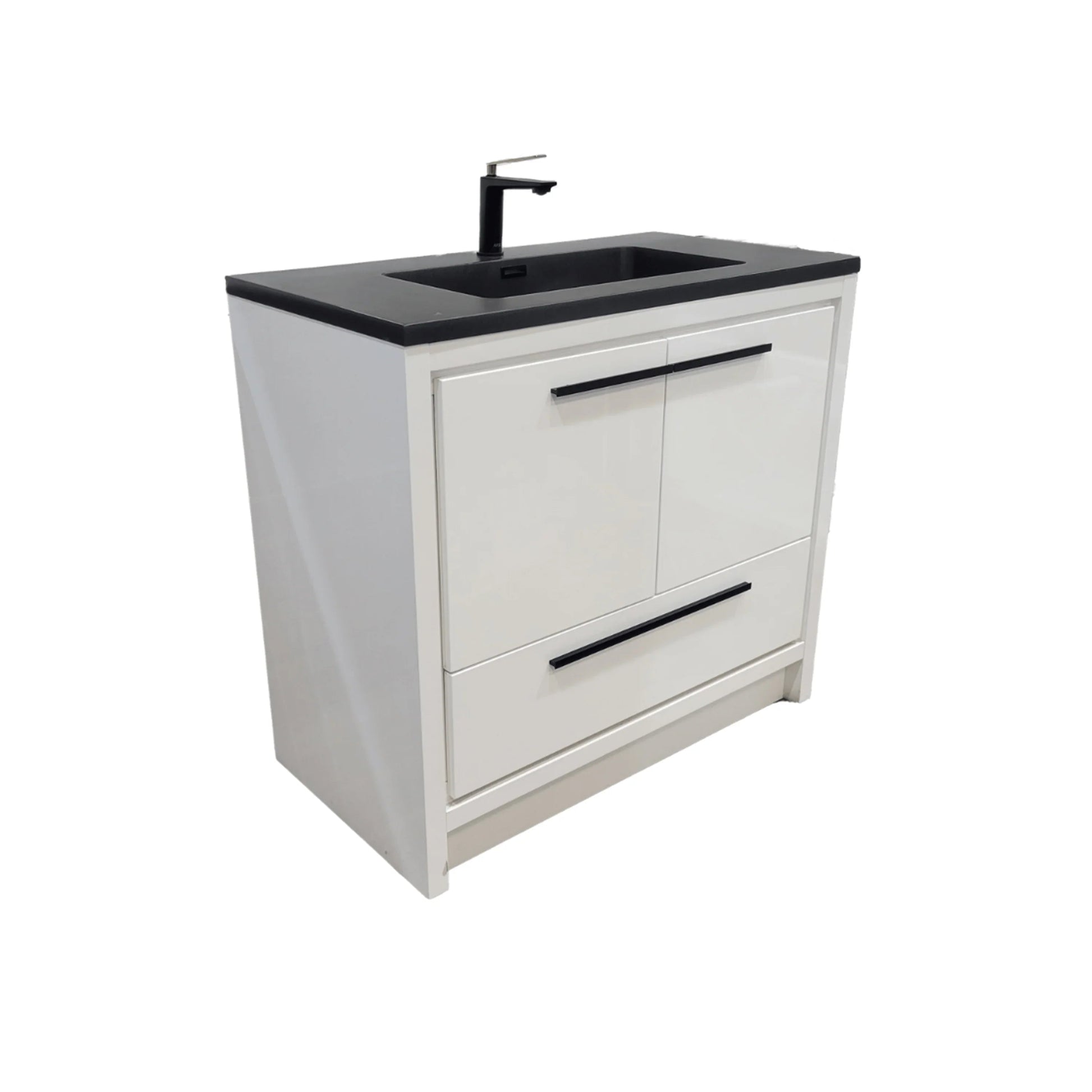 36" Glossy White Freestanding Bathroom Vanity with Black Engineered Quartz Countertop-Migration_Bathroom Vanities-DECOROLALA