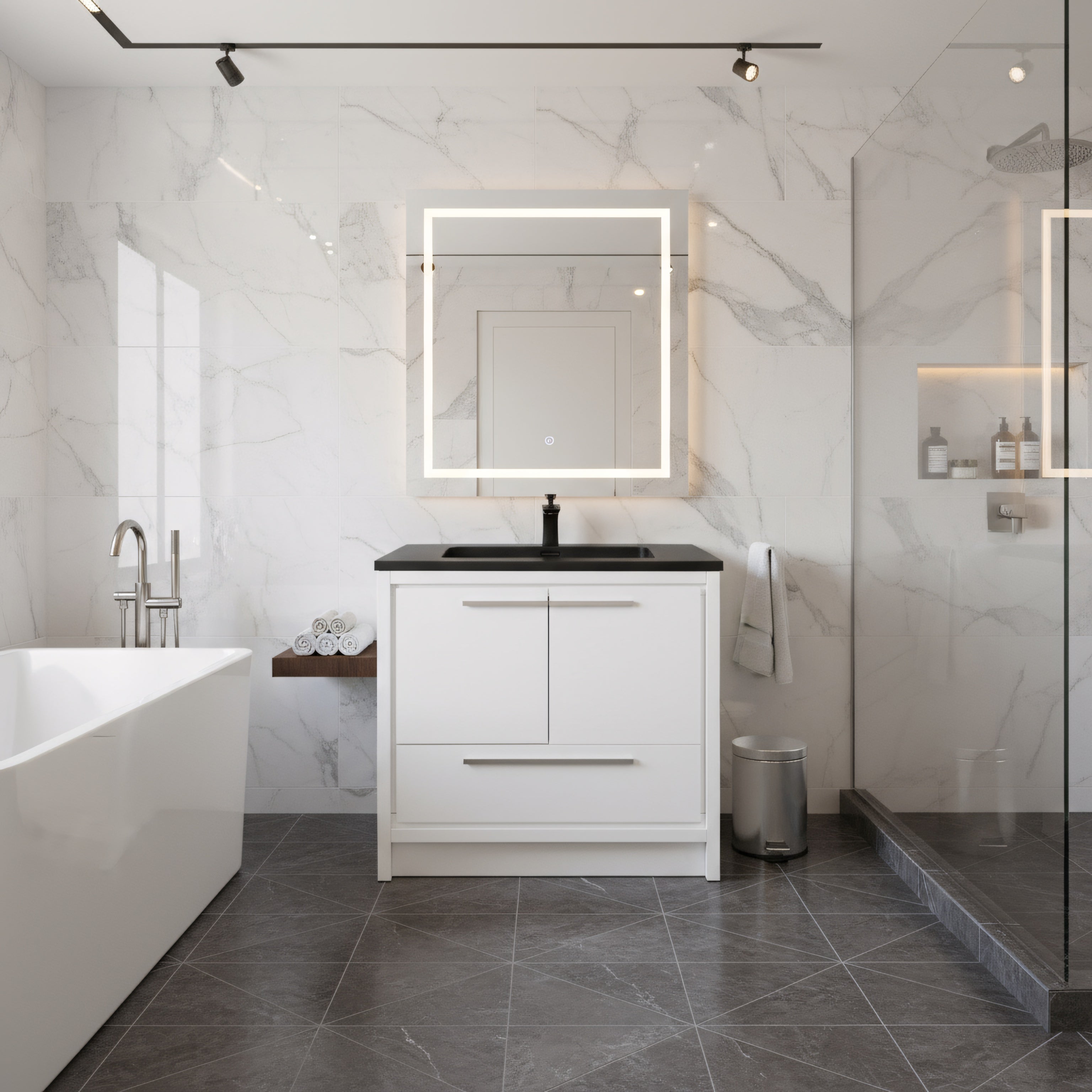 36" Glossy White Freestanding Bathroom Vanity with Black Engineered Quartz Countertop-Migration_Bathroom Vanities-DECOROLALA