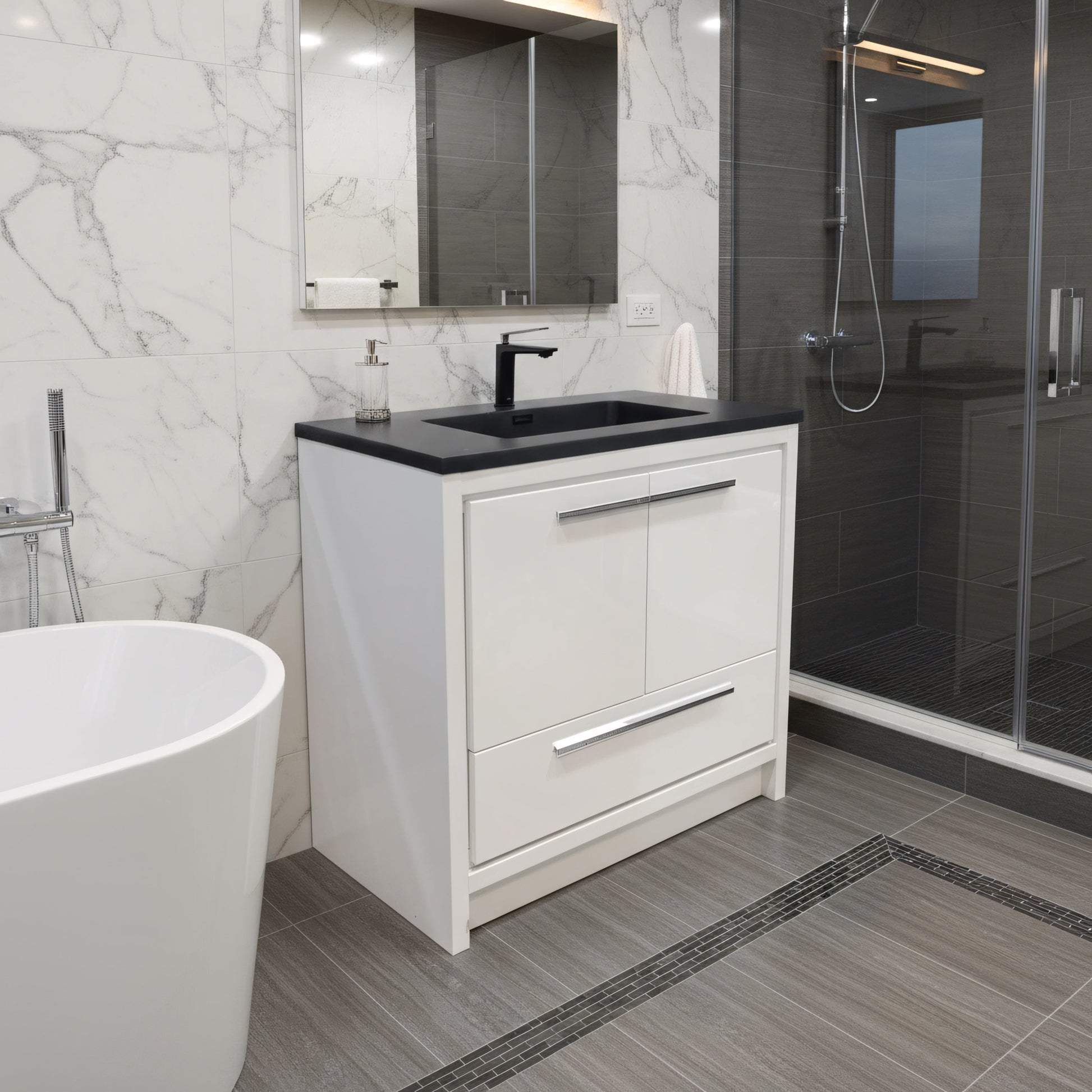 36" Glossy White Freestanding Bathroom Vanity with Black Engineered Quartz Countertop-Migration_Bathroom Vanities-DECOROLALA