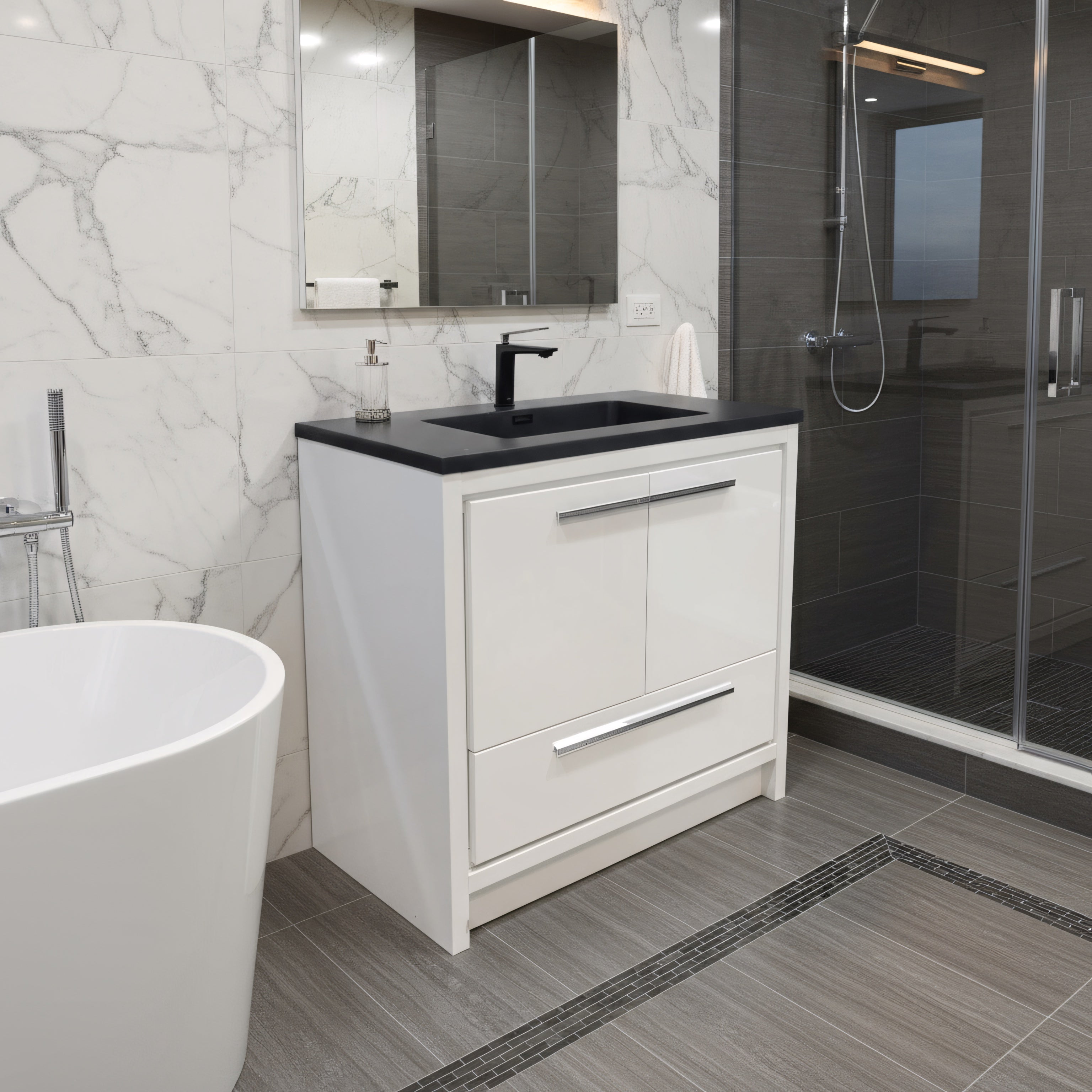 36" Glossy White Freestanding Bathroom Vanity with Black Engineered Quartz Countertop-Migration_Bathroom Vanities-DECOROLALA