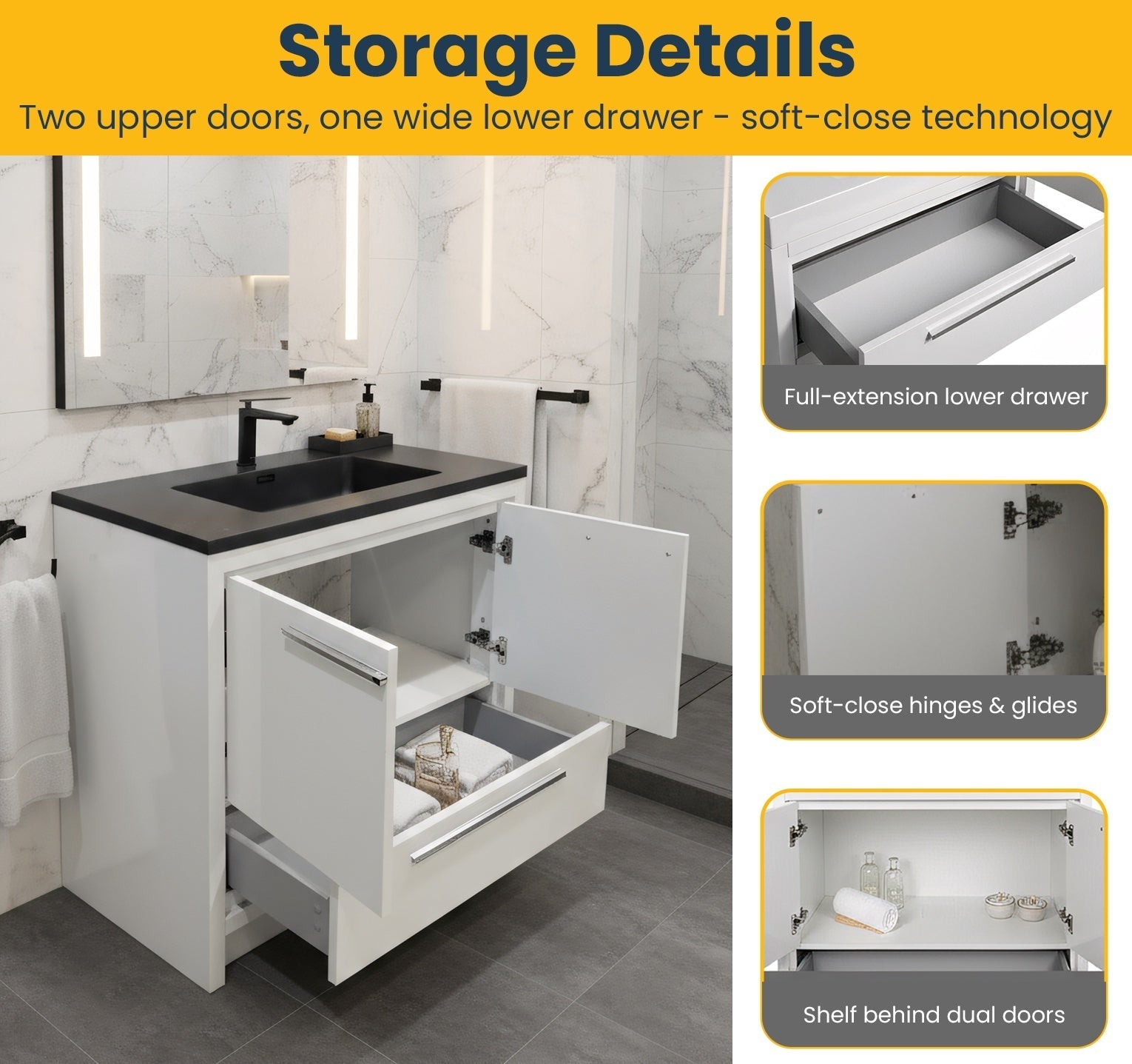 36" Glossy White Freestanding Bathroom Vanity with Black Engineered Quartz Countertop-Migration_Bathroom Vanities-DECOROLALA