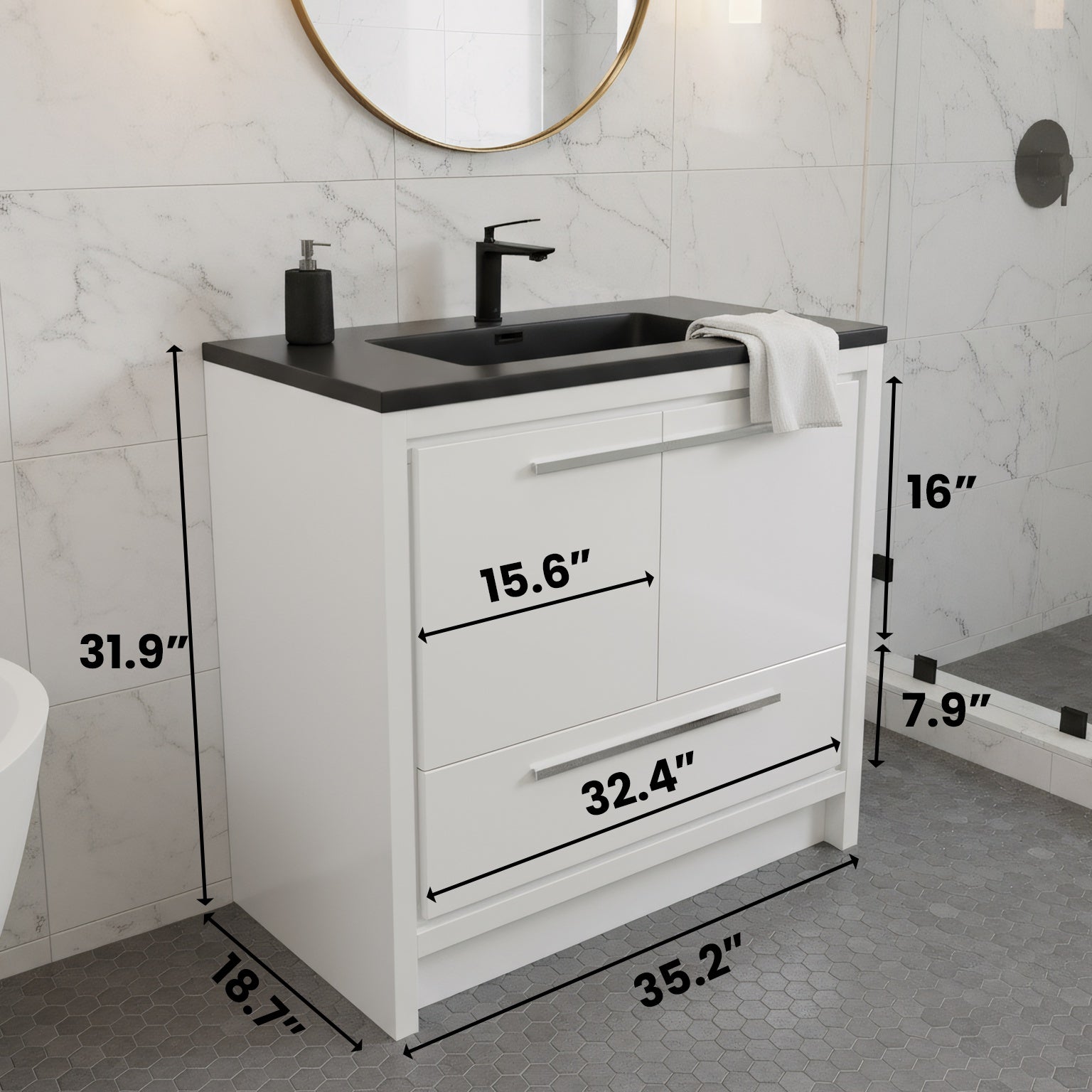 36" Glossy White Freestanding Bathroom Vanity with Black Engineered Quartz Countertop-Migration_Bathroom Vanities-DECOROLALA