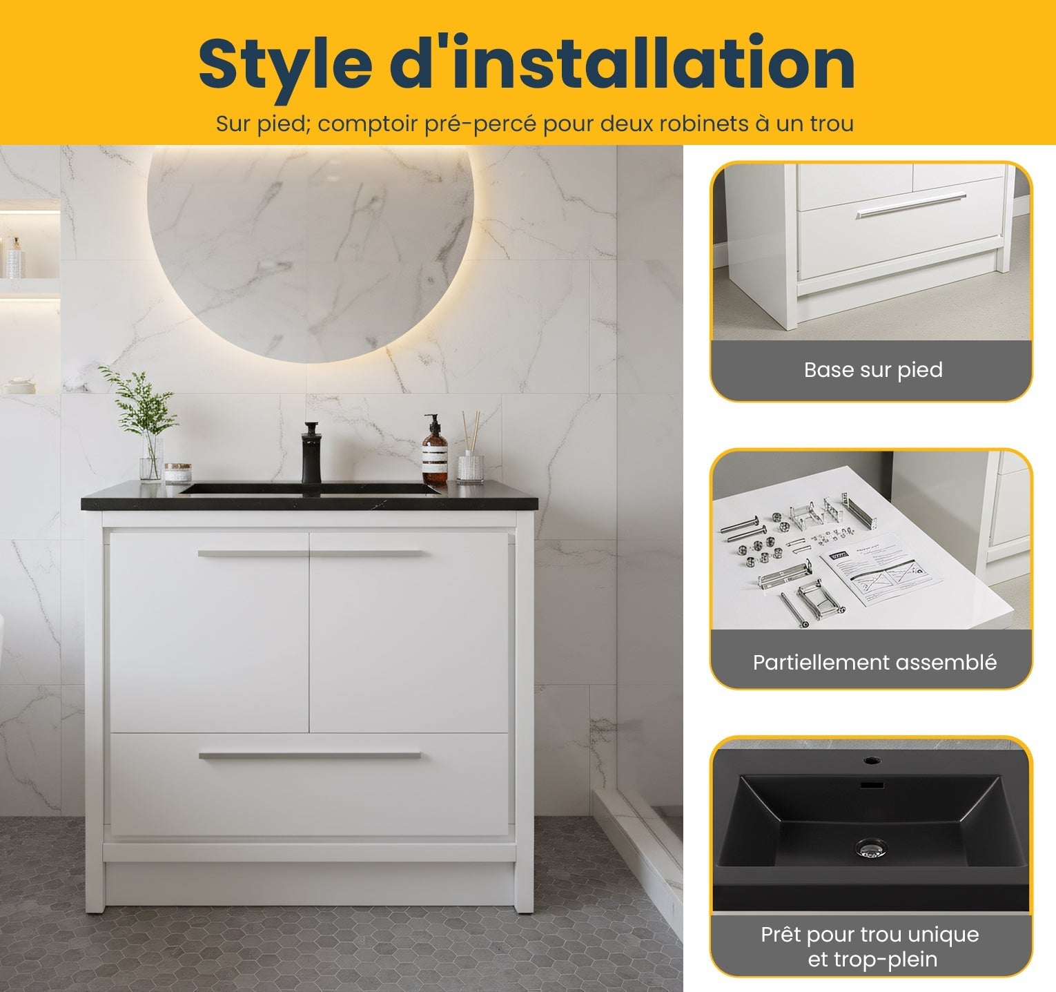 36" Glossy White Freestanding Bathroom Vanity with Black Engineered Quartz Countertop-Migration_Bathroom Vanities-DECOROLALA