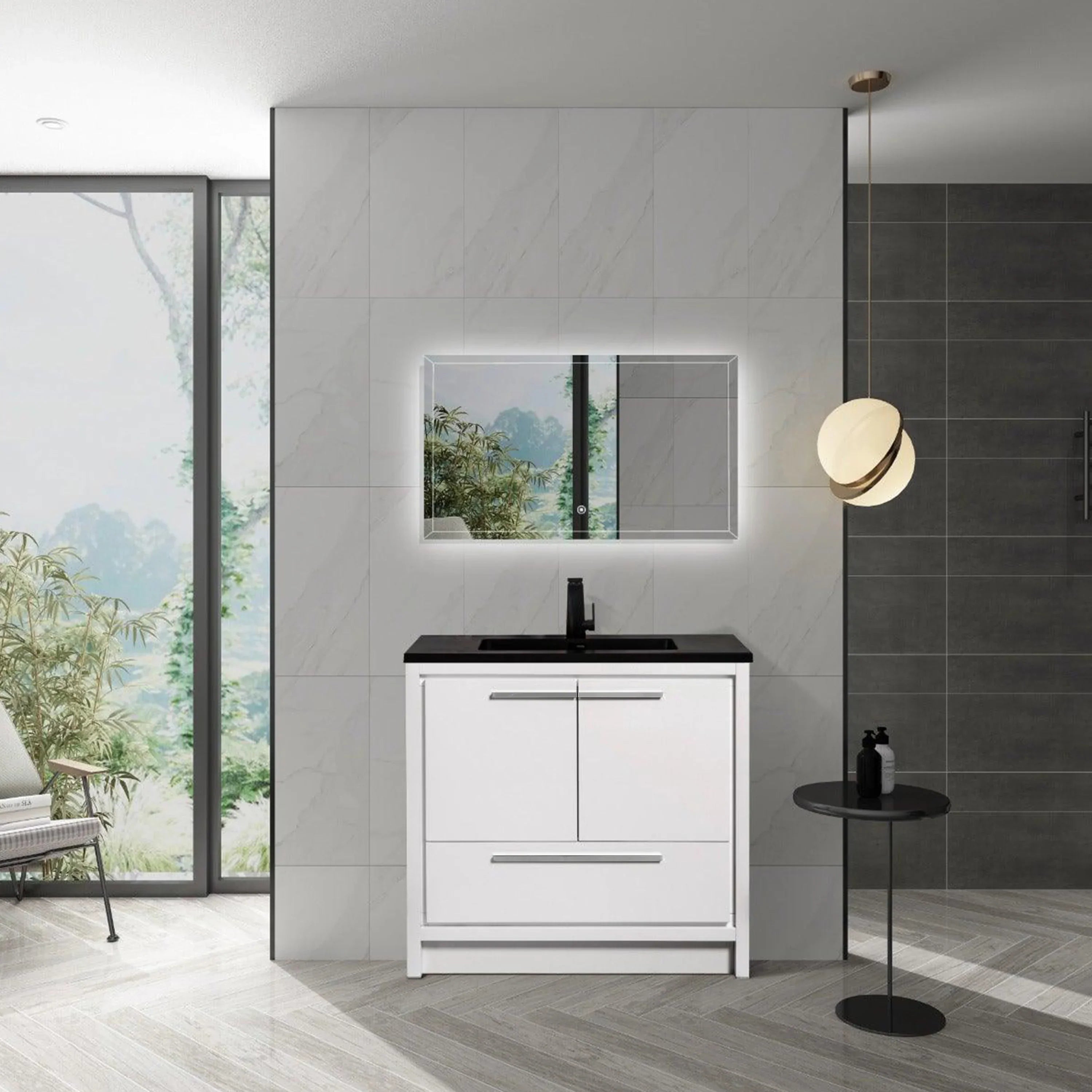 36" Glossy White Freestanding Bathroom Vanity with Black Engineered Quartz Countertop-Migration_Bathroom Vanities-DECOROLALA