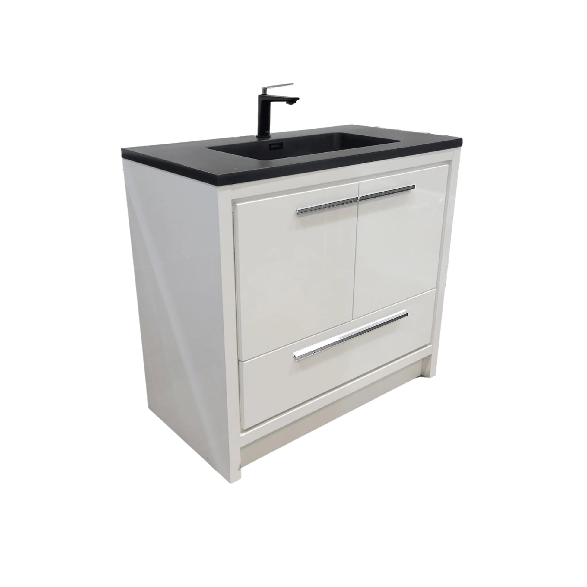 36" Glossy White Freestanding Bathroom Vanity with Black Engineered Quartz Countertop-Migration_Bathroom Vanities-DECOROLALA