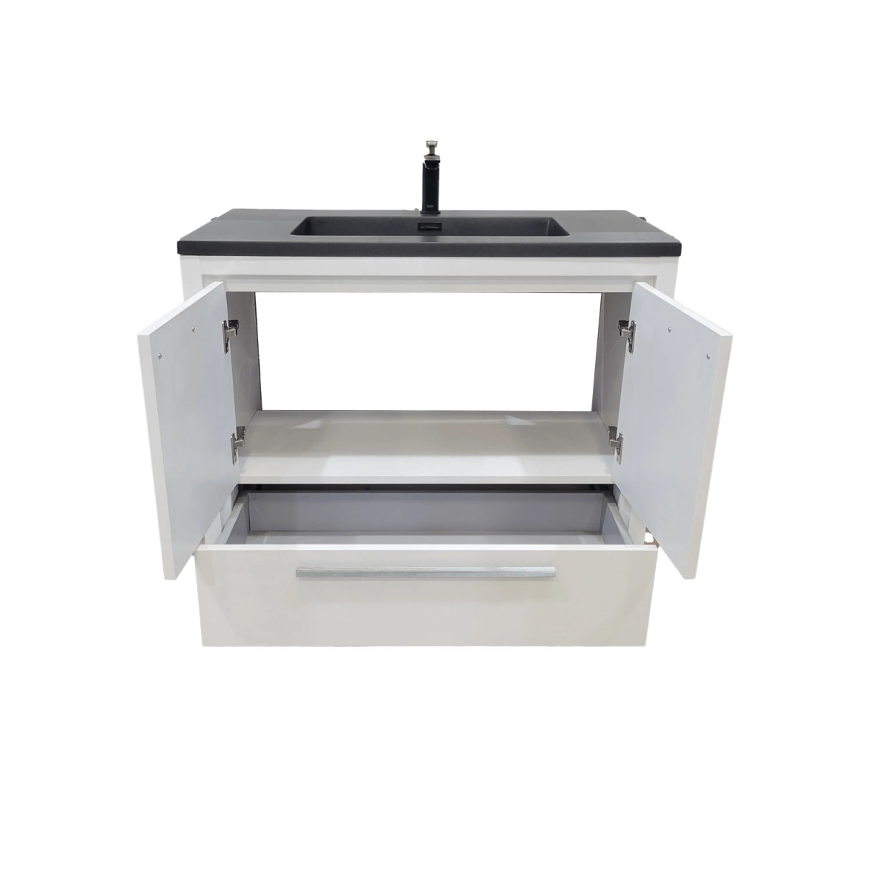 36" Glossy White Freestanding Bathroom Vanity with Black Engineered Quartz Countertop-Migration_Bathroom Vanities-DECOROLALA