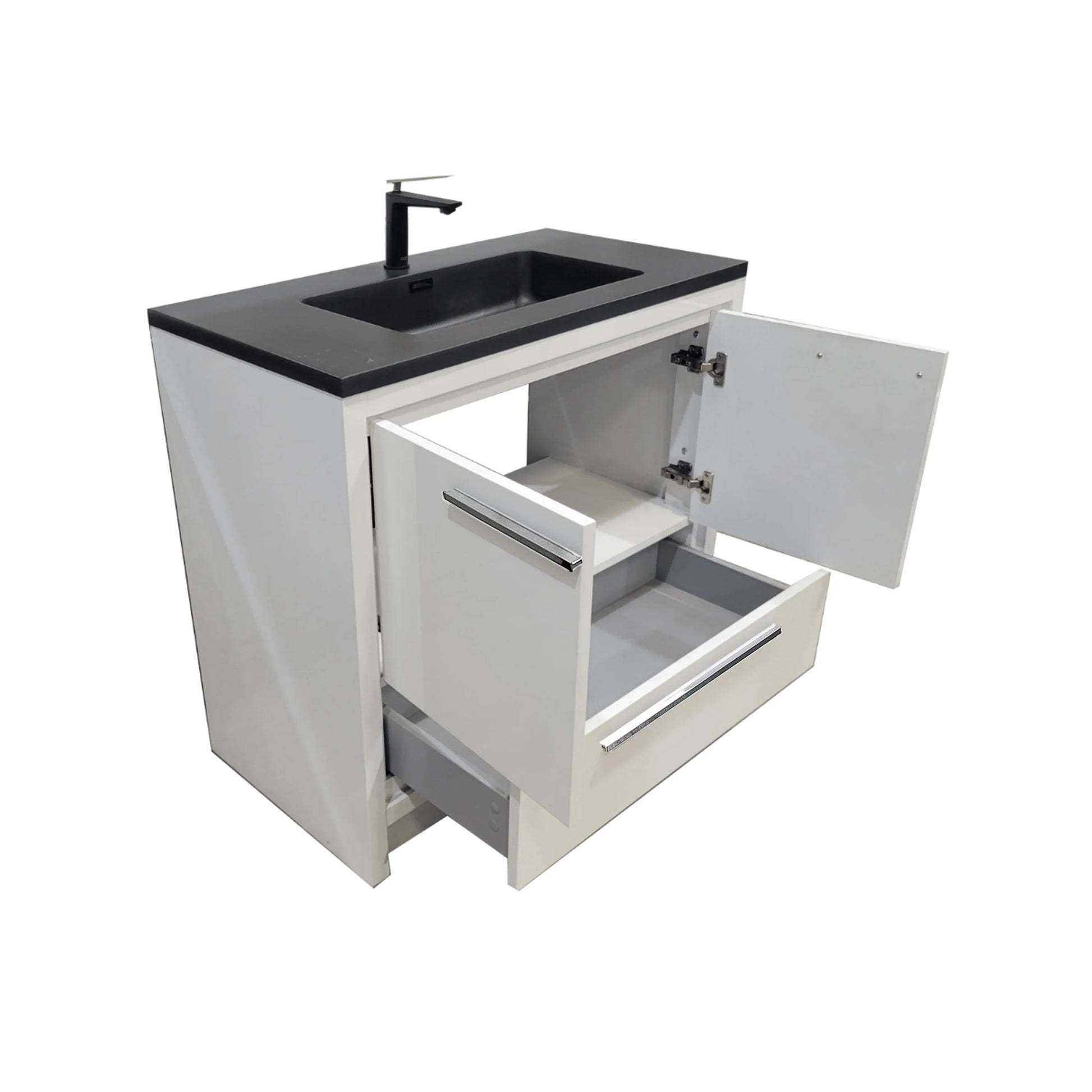 36" Glossy White Freestanding Bathroom Vanity with Black Engineered Quartz Countertop-Migration_Bathroom Vanities-DECOROLALA