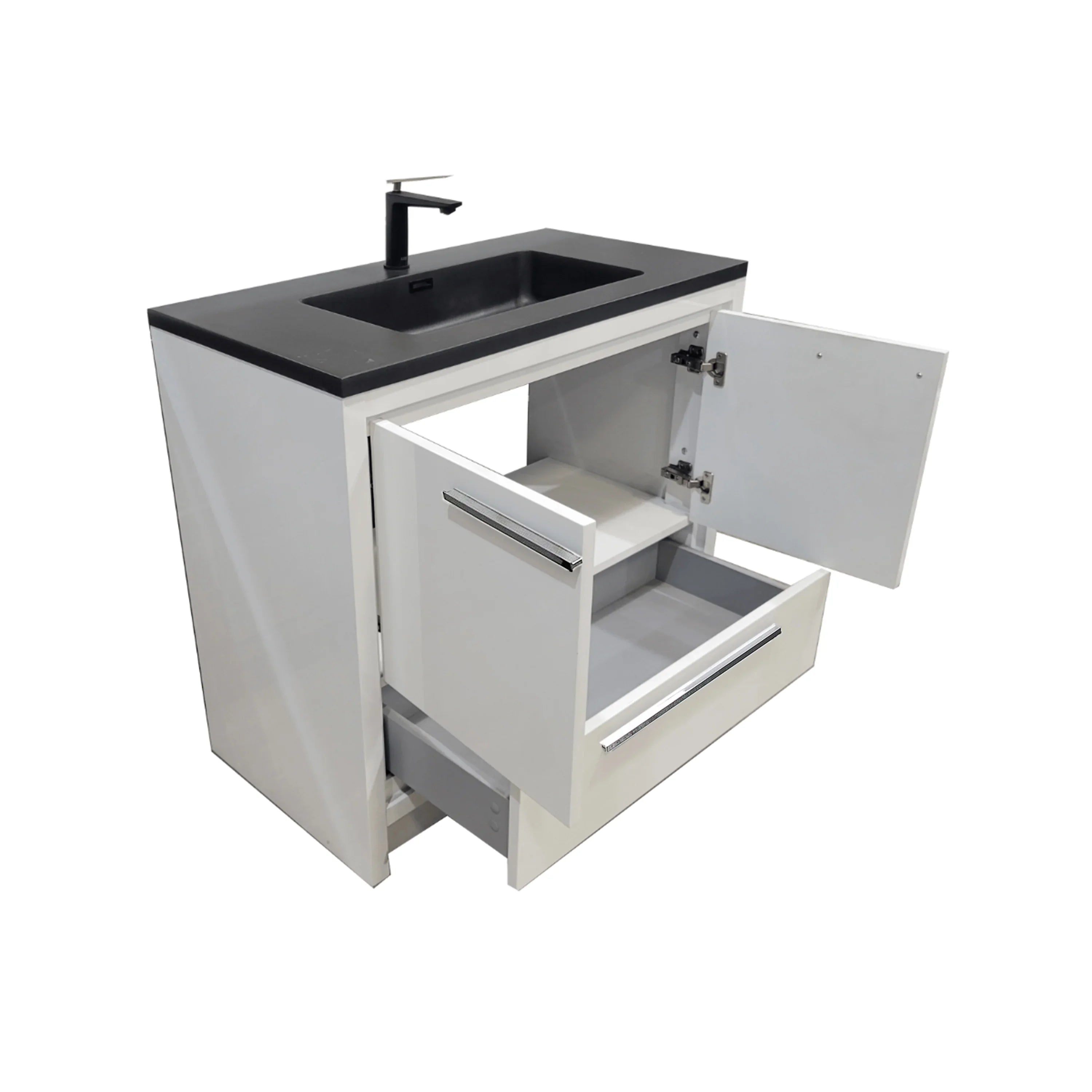 36" Glossy White Freestanding Bathroom Vanity with Black Engineered Quartz Countertop-Migration_Bathroom Vanities-DECOROLALA