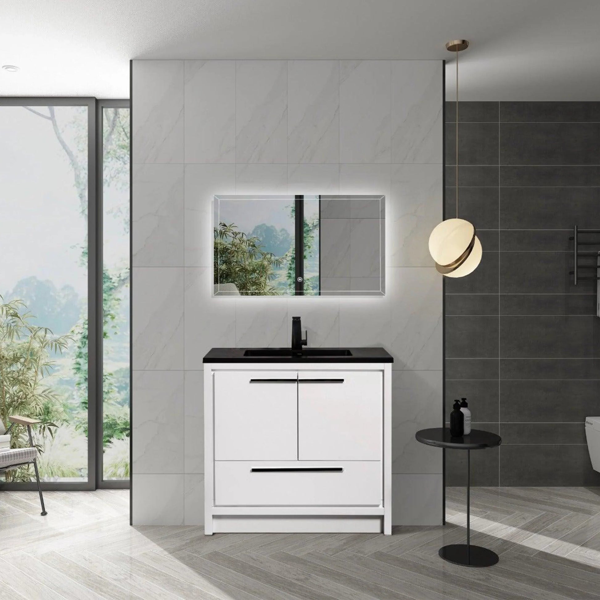 36" Glossy White Freestanding Bathroom Vanity with Black Engineered Quartz Countertop-Migration_Bathroom Vanities-DECOROLALA