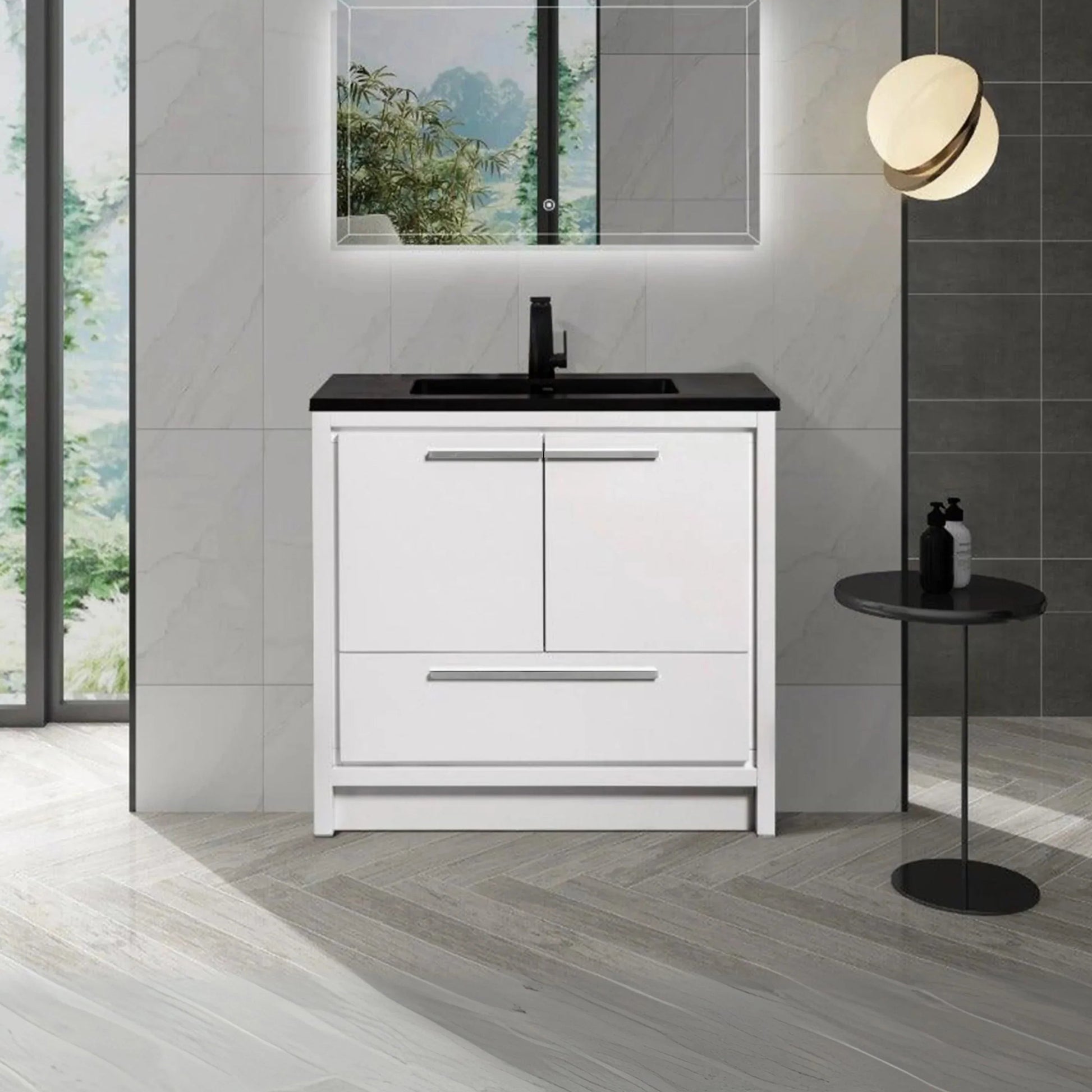 36" Glossy White Freestanding Bathroom Vanity with Black Engineered Quartz Countertop-Migration_Bathroom Vanities-DECOROLALA