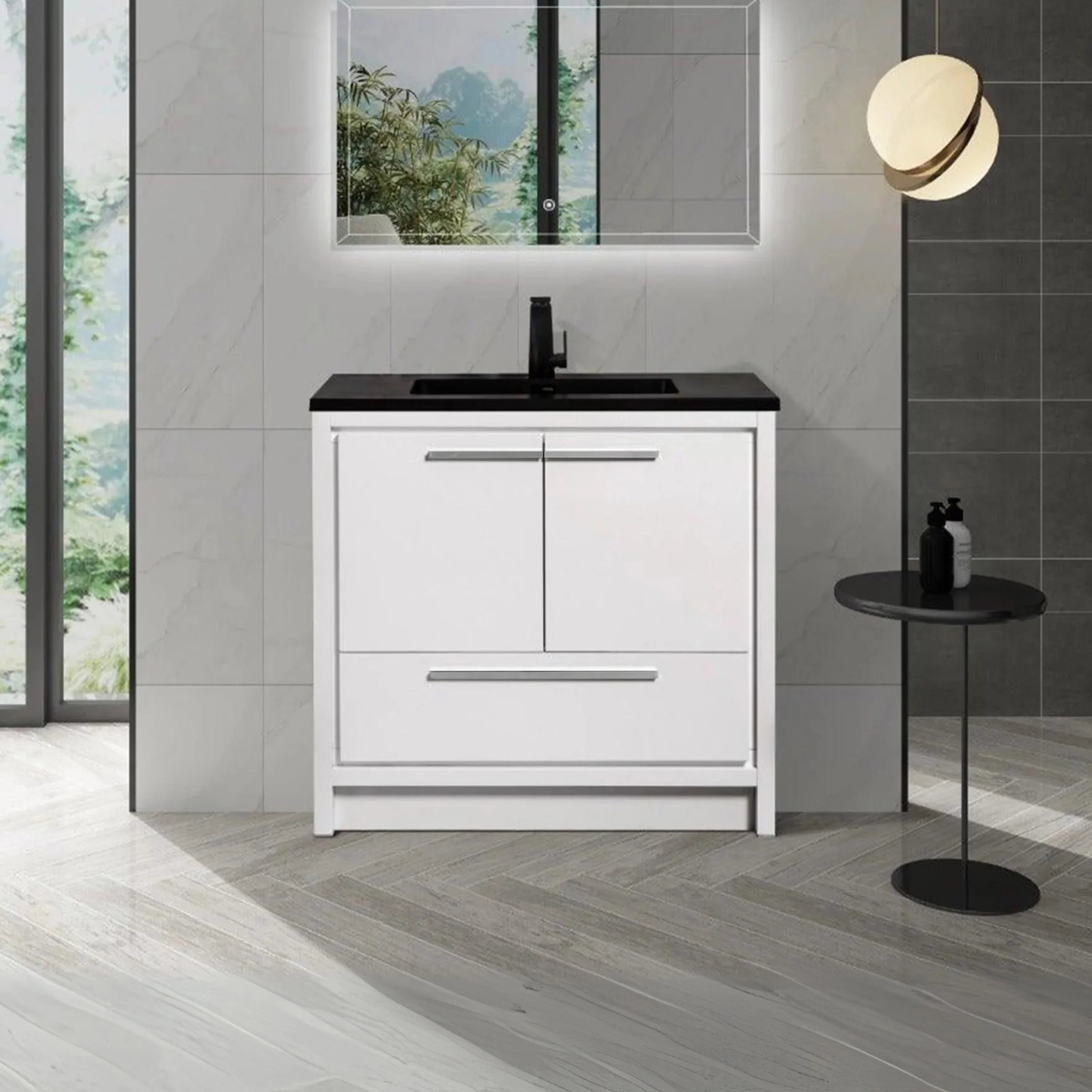 36" Glossy White Freestanding Bathroom Vanity with Black Engineered Quartz Countertop-Migration_Bathroom Vanities-DECOROLALA