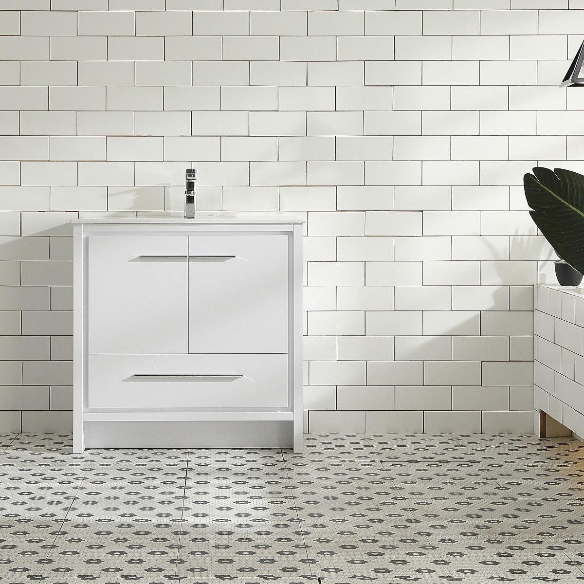 36" Glossy White Freestanding Bathroom Vanity with White Ceramic Countertop-Migration_Bathroom Vanities-DECOROLALA