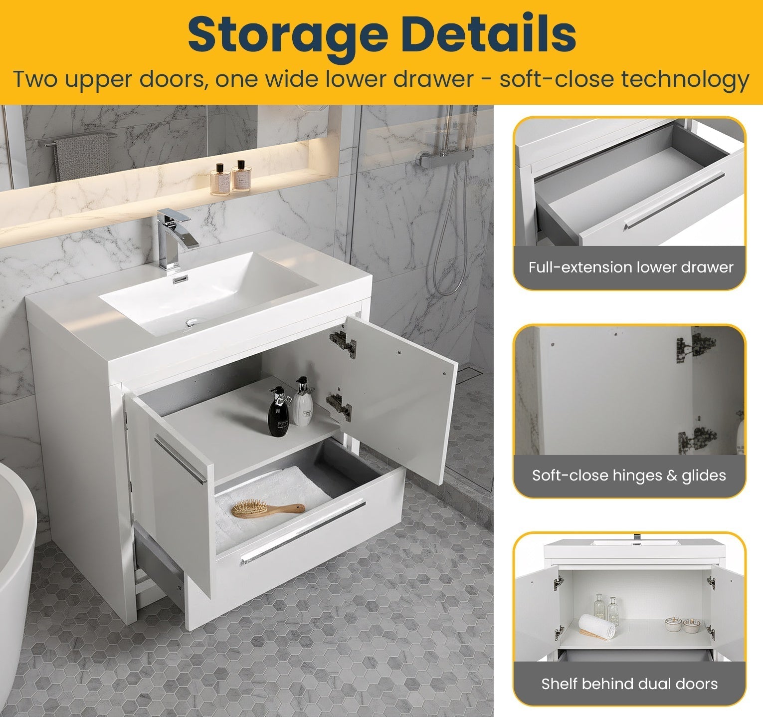36" Glossy White Freestanding Bathroom Vanity with White Polymarble Countertop-Migration_Bathroom Vanities-DECOROLALA