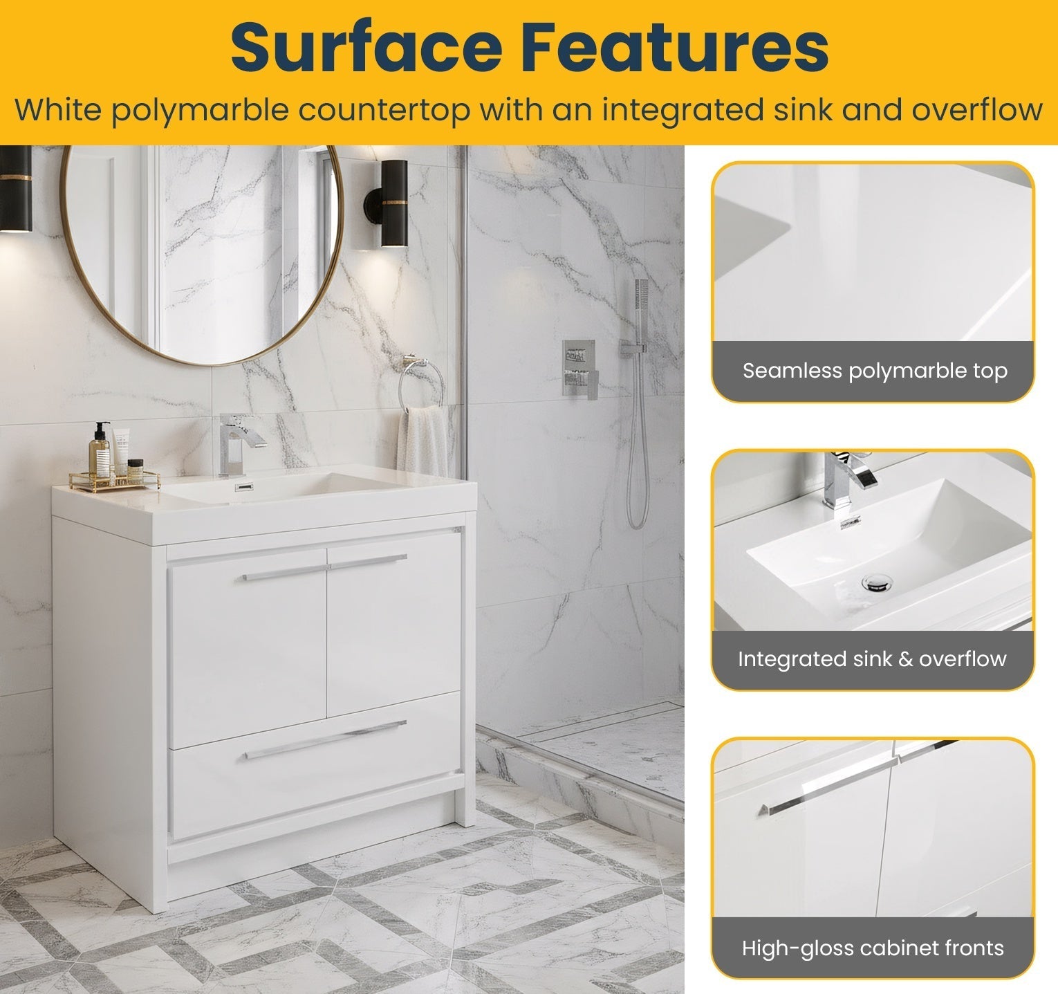 36" Glossy White Freestanding Bathroom Vanity with White Polymarble Countertop-Migration_Bathroom Vanities-DECOROLALA