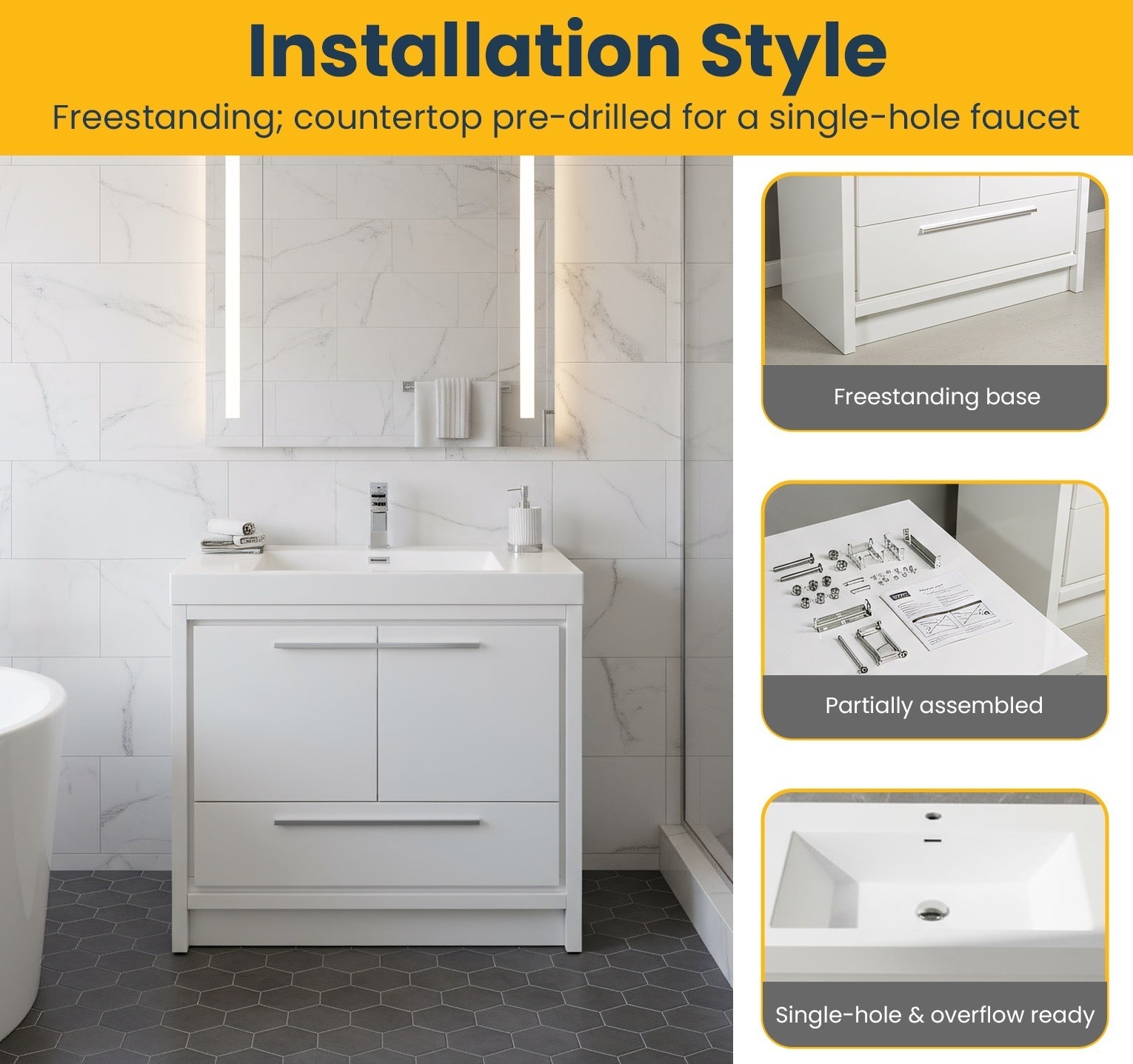 36" Glossy White Freestanding Bathroom Vanity with White Polymarble Countertop-Migration_Bathroom Vanities-DECOROLALA