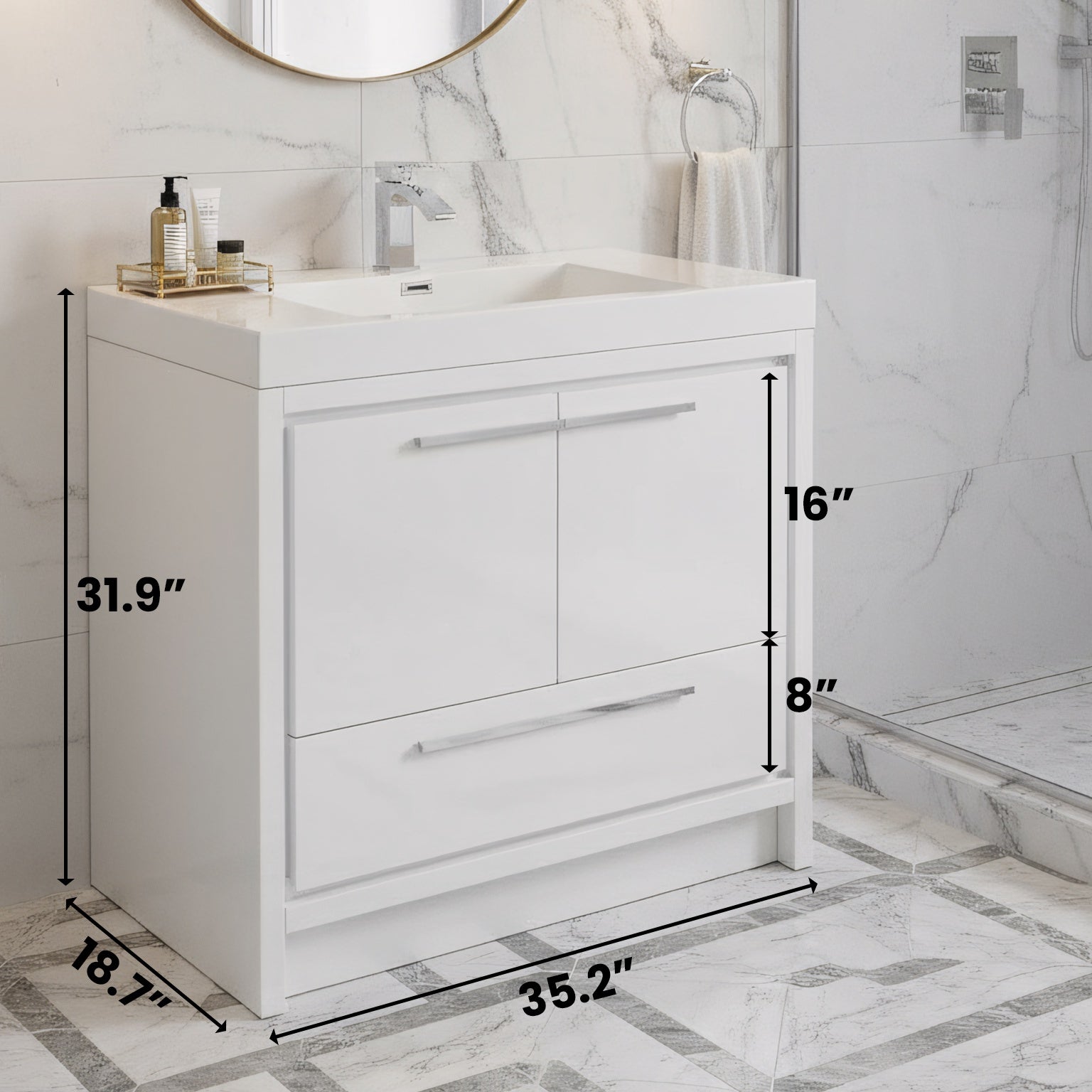 36" Glossy White Freestanding Bathroom Vanity with White Polymarble Countertop-Migration_Bathroom Vanities-DECOROLALA