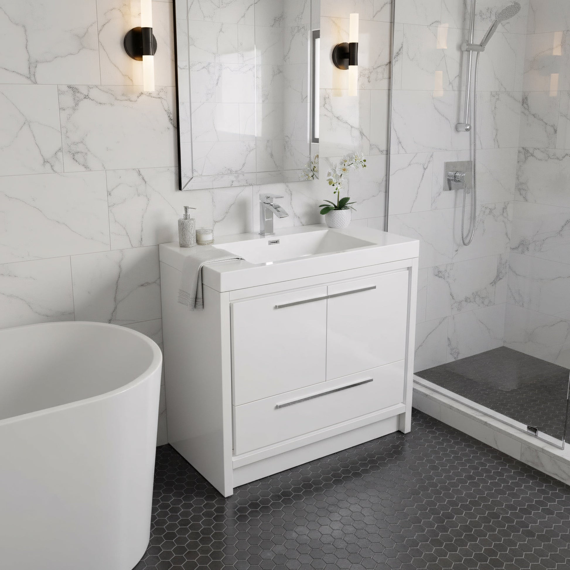 36" Glossy White Freestanding Bathroom Vanity with White Polymarble Countertop-Migration_Bathroom Vanities-DECOROLALA