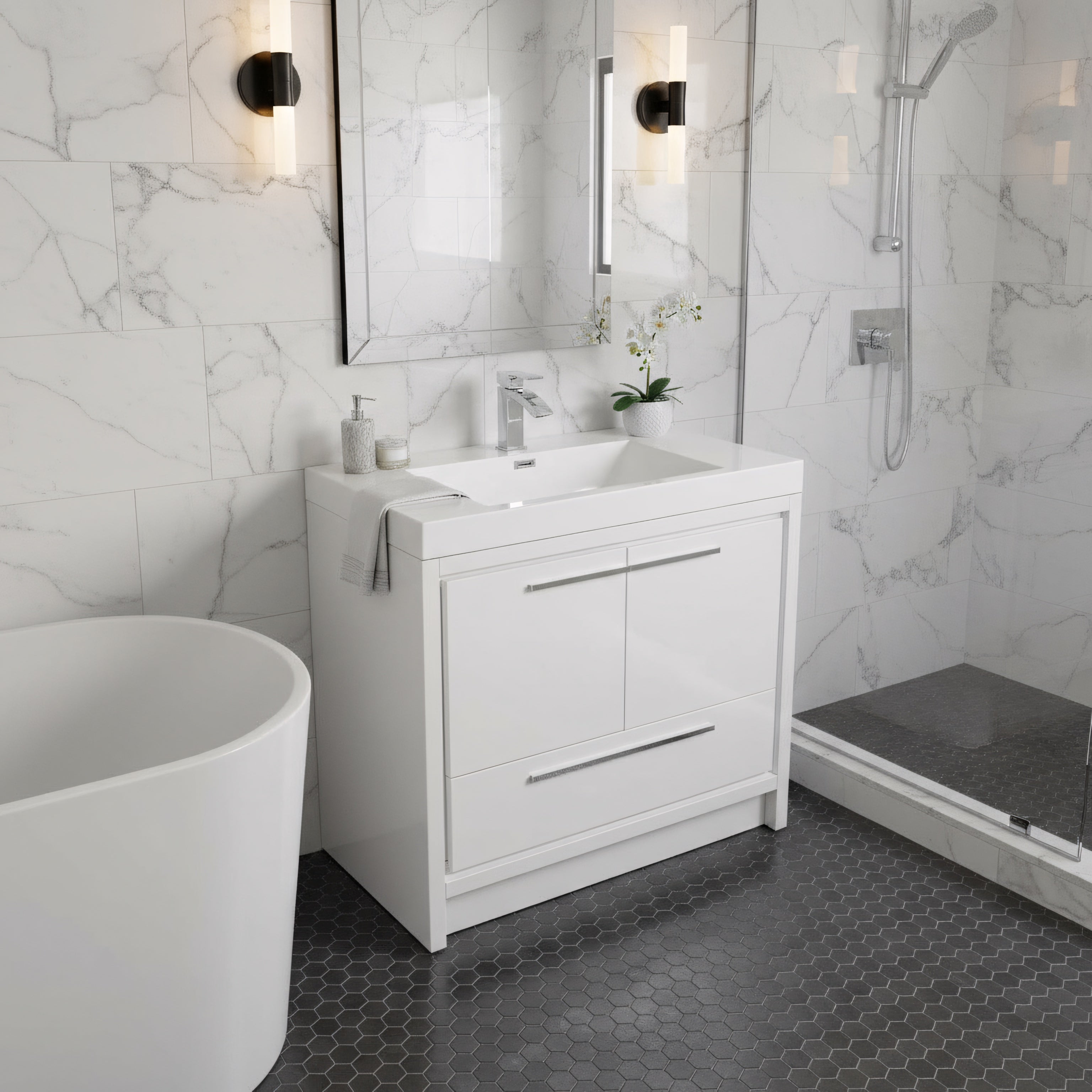 36" Glossy White Freestanding Bathroom Vanity with White Polymarble Countertop-Migration_Bathroom Vanities-DECOROLALA