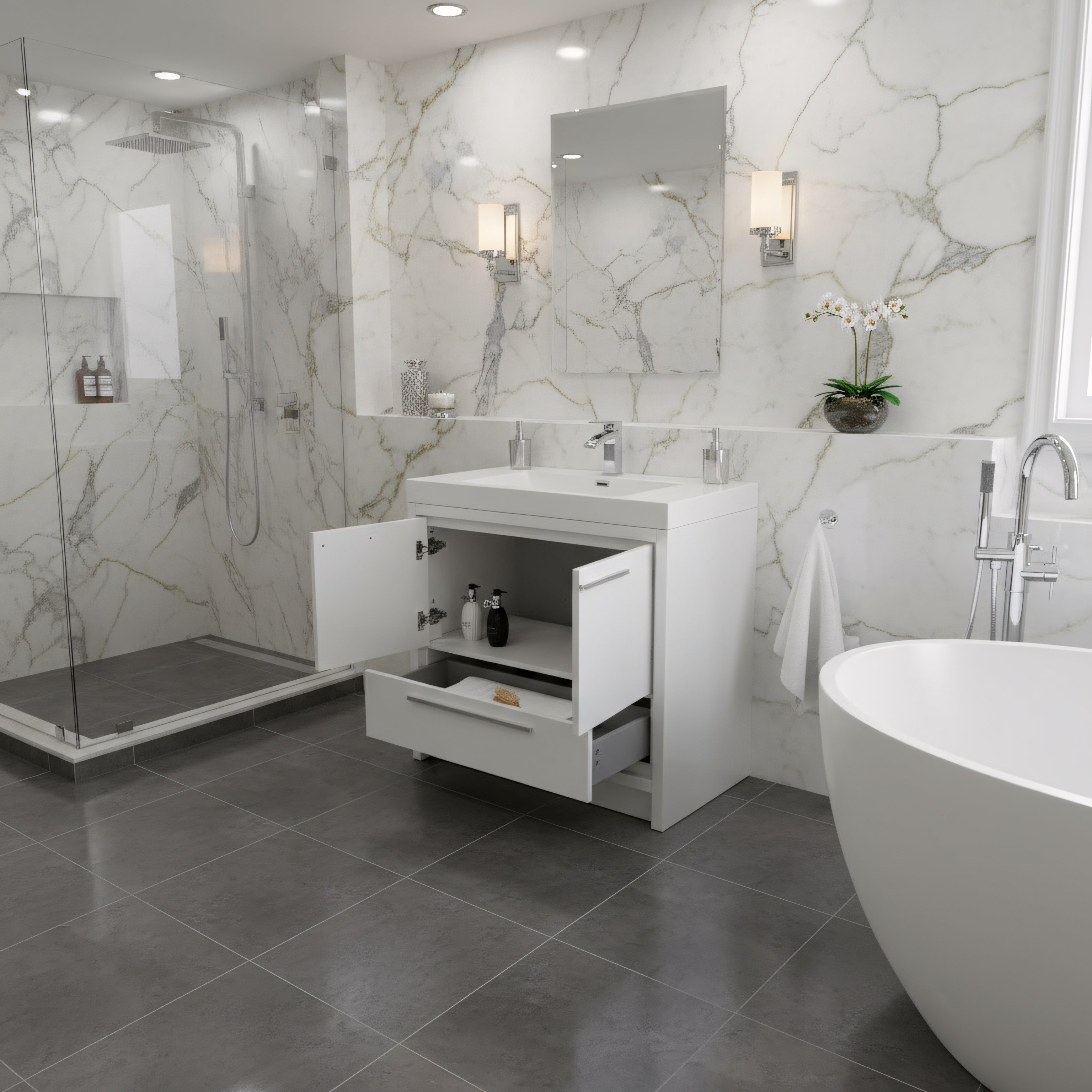 36" Glossy White Freestanding Bathroom Vanity with White Polymarble Countertop-Migration_Bathroom Vanities-DECOROLALA