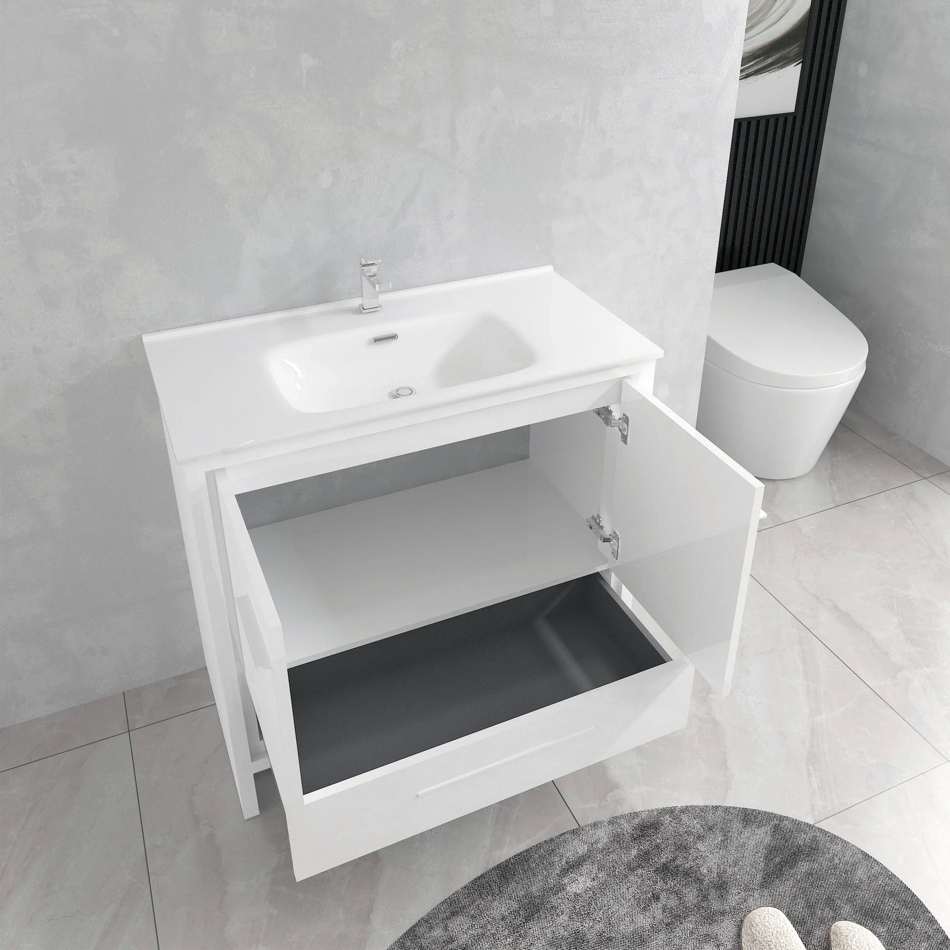 36" Glossy White Freestanding Single Sink Bathroom Vanity with White Ceramic Countertop-Migration_Bathroom Vanities-DECOROLALA