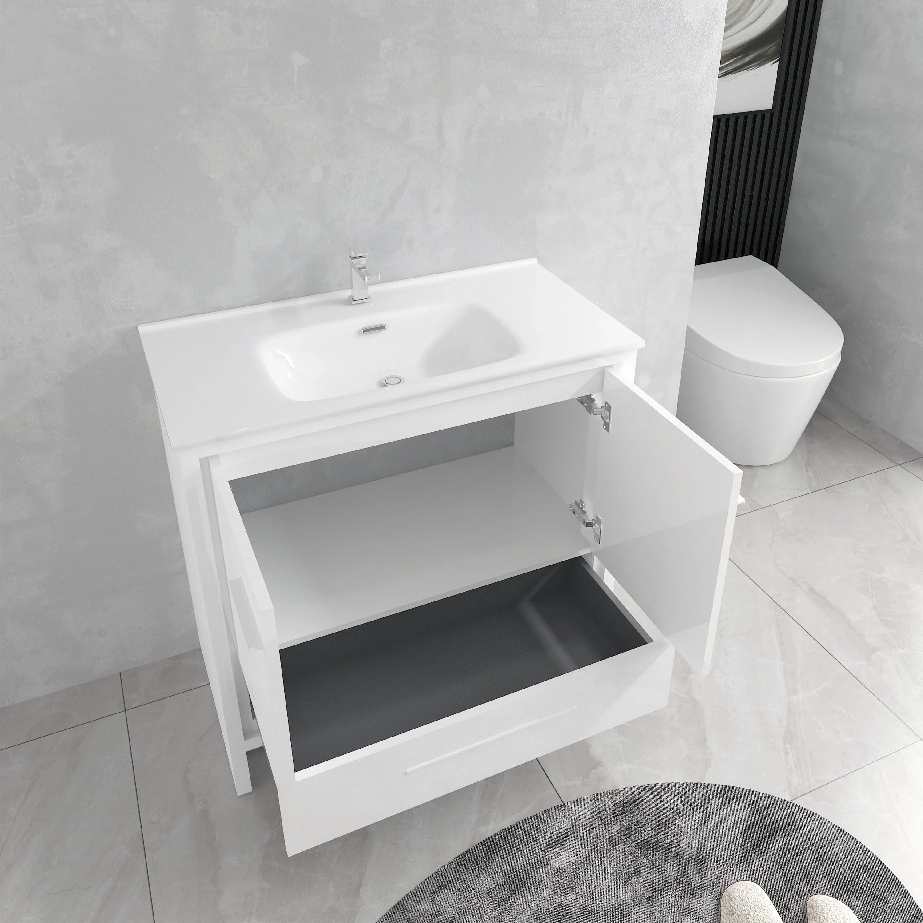 36" Glossy White Freestanding Single Sink Bathroom Vanity with White Ceramic Countertop-Migration_Bathroom Vanities-DECOROLALA