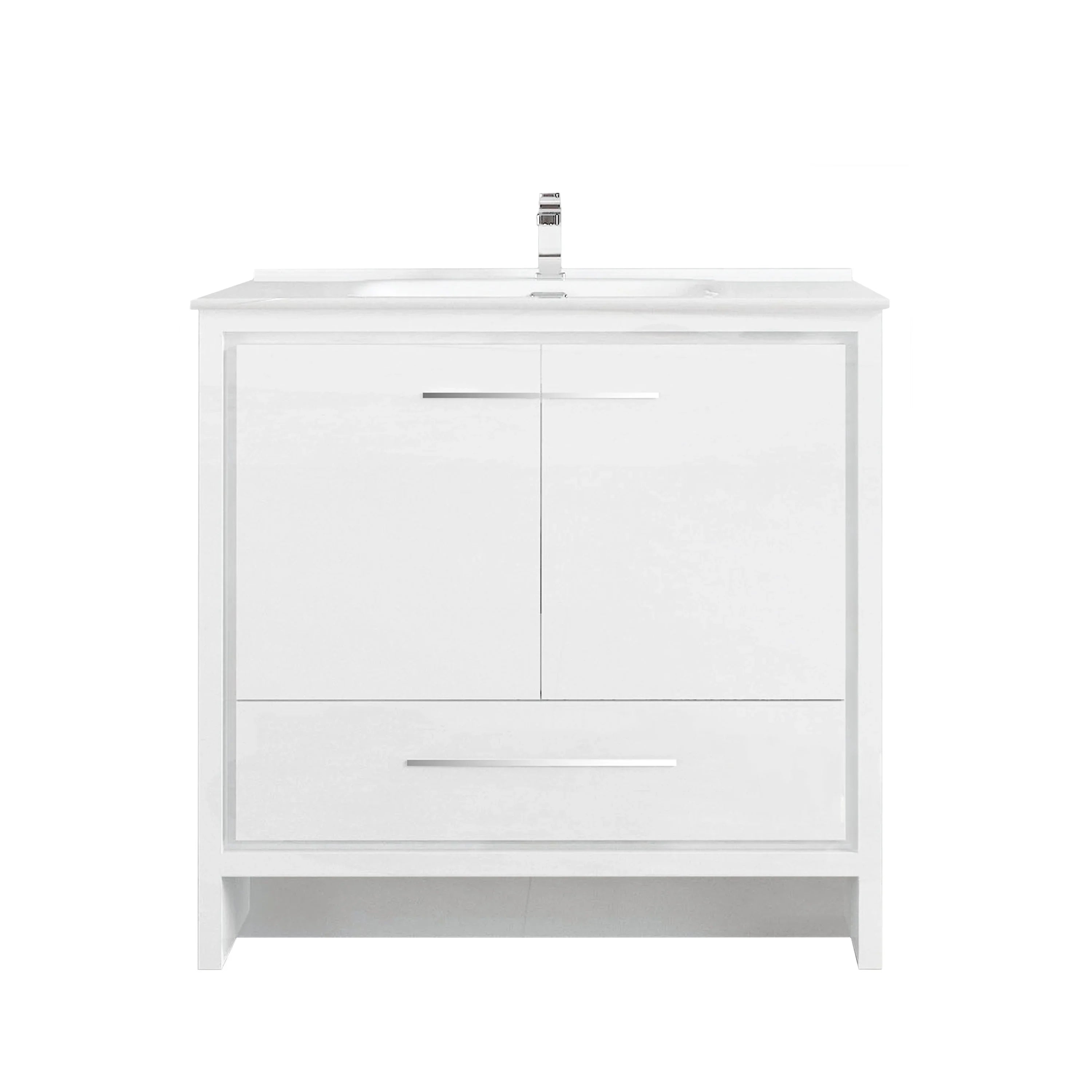 36" Glossy White Freestanding Single Sink Bathroom Vanity with White Ceramic Countertop-Migration_Bathroom Vanities-DECOROLALA