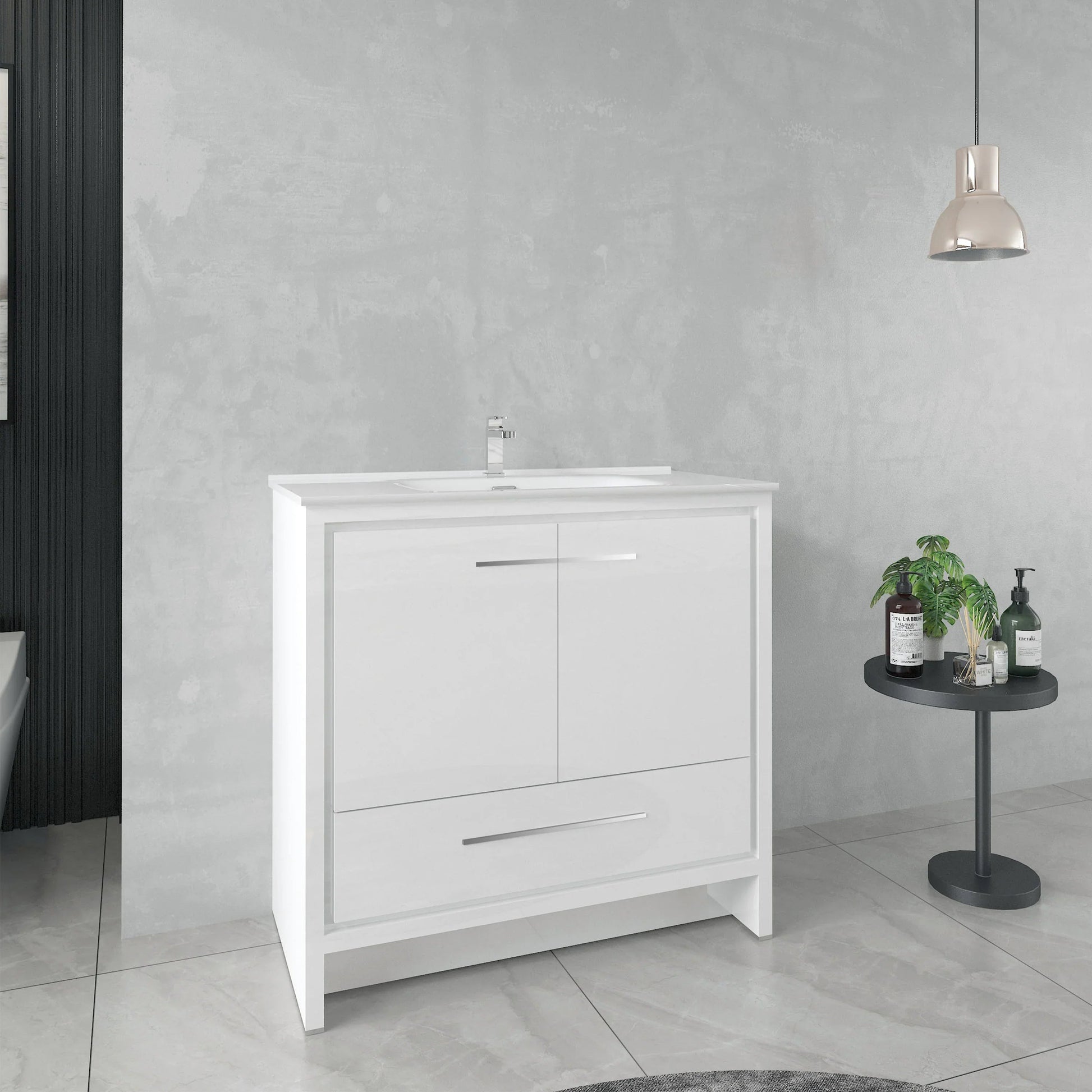 36" Glossy White Freestanding Single Sink Bathroom Vanity with White Ceramic Countertop-Migration_Bathroom Vanities-DECOROLALA