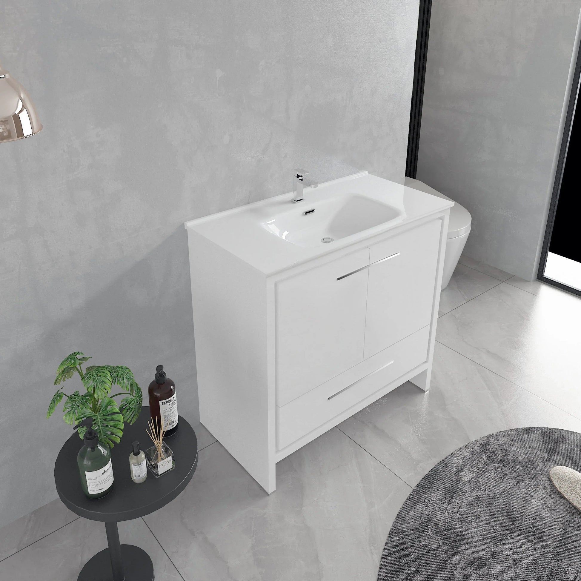 36" Glossy White Freestanding Single Sink Bathroom Vanity with White Ceramic Countertop-Migration_Bathroom Vanities-DECOROLALA