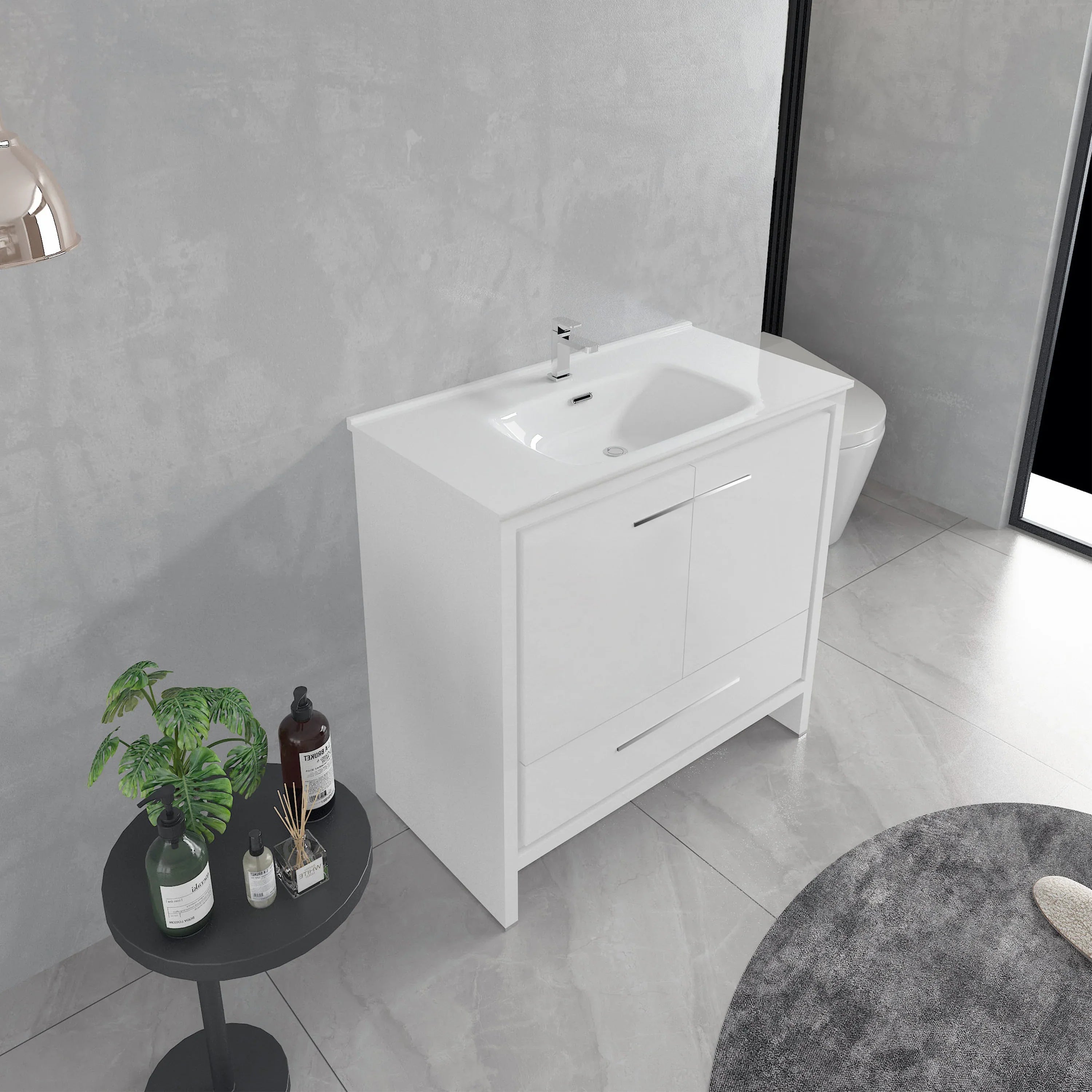 36" Glossy White Freestanding Single Sink Bathroom Vanity with White Ceramic Countertop-Migration_Bathroom Vanities-DECOROLALA