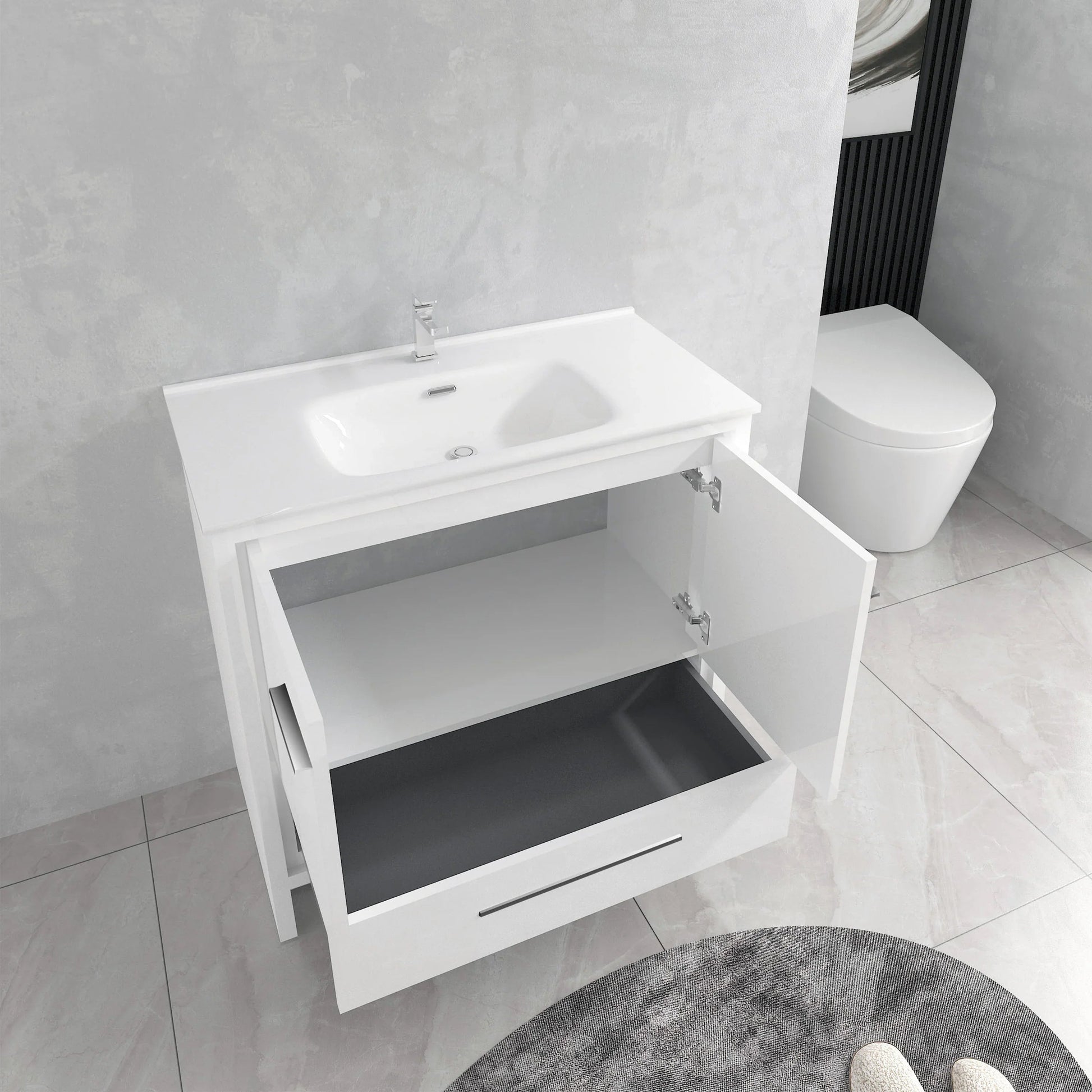 36" Glossy White Freestanding Single Sink Bathroom Vanity with White Ceramic Countertop-Migration_Bathroom Vanities-DECOROLALA