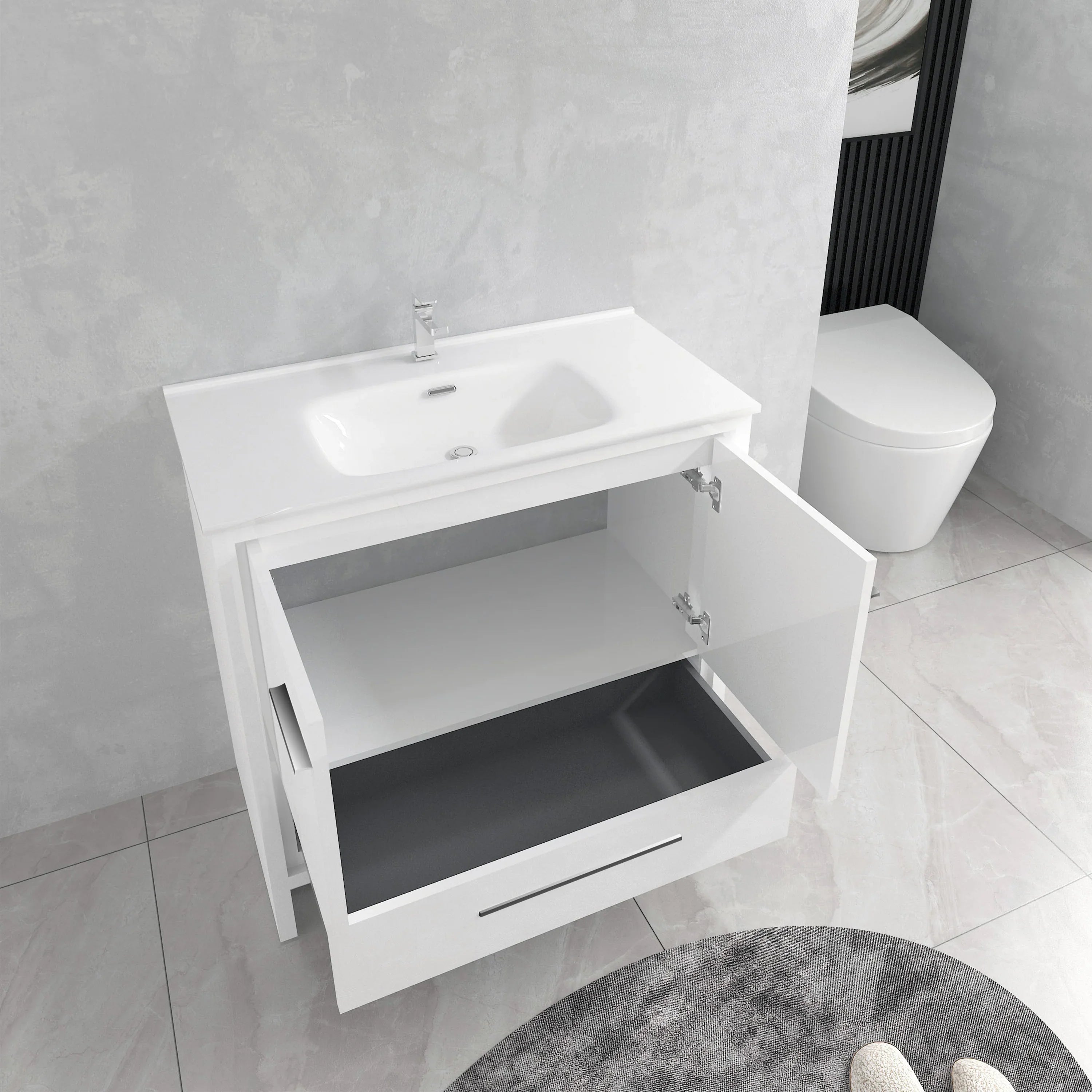 36" Glossy White Freestanding Single Sink Bathroom Vanity with White Ceramic Countertop-Migration_Bathroom Vanities-DECOROLALA