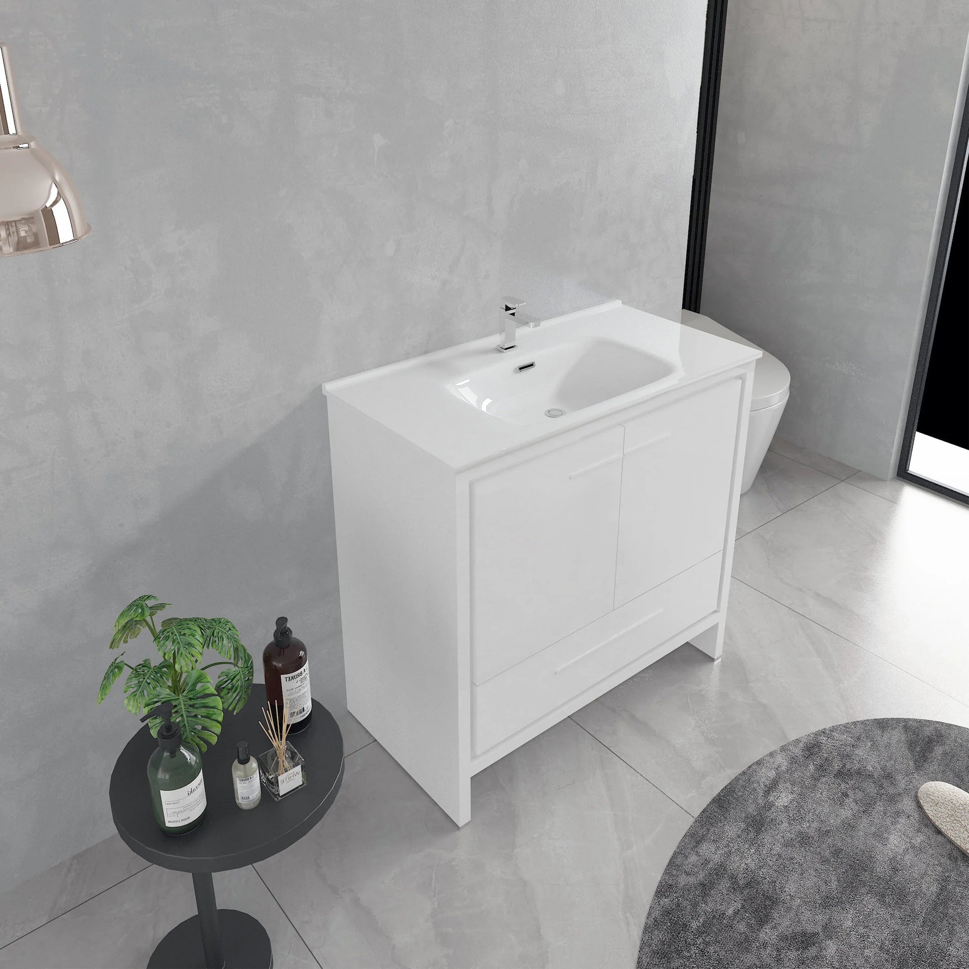36" Glossy White Freestanding Single Sink Bathroom Vanity with White Ceramic Countertop-Migration_Bathroom Vanities-DECOROLALA
