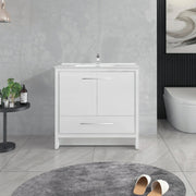 36" Glossy White Freestanding Single Sink Bathroom Vanity with White Ceramic Countertop-Migration_Bathroom Vanities-DECOROLALA