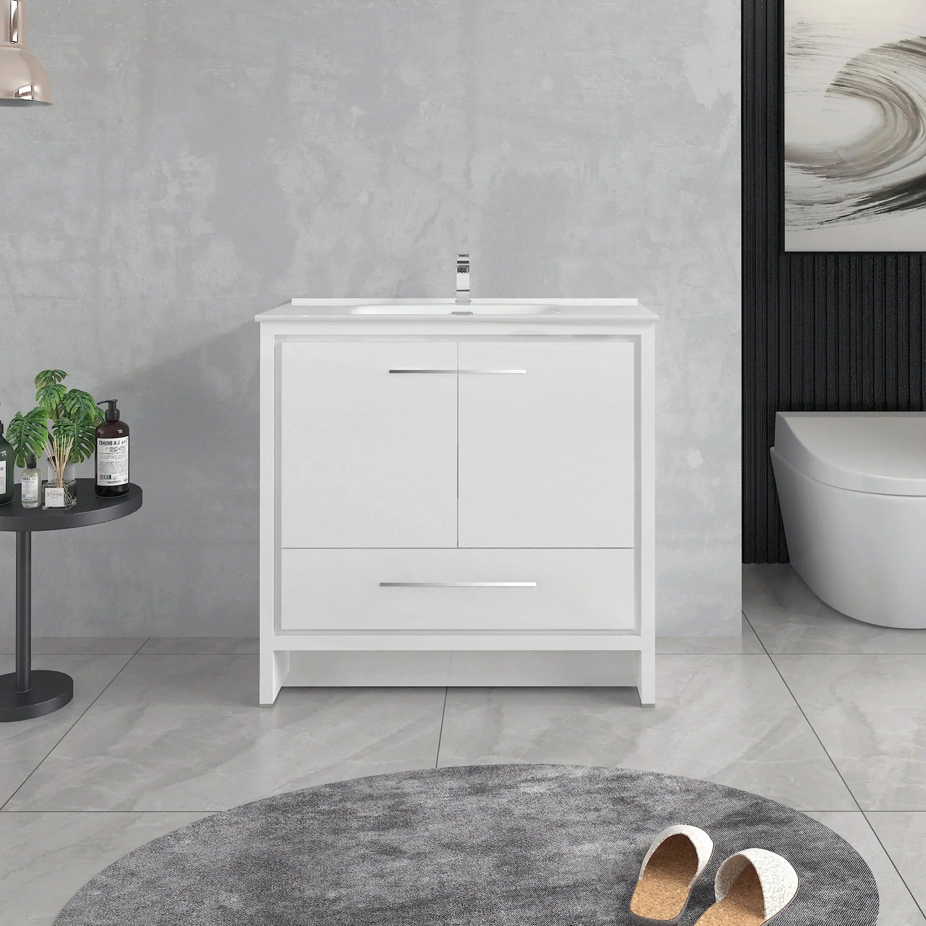36" Glossy White Freestanding Single Sink Bathroom Vanity with White Ceramic Countertop-Migration_Bathroom Vanities-DECOROLALA