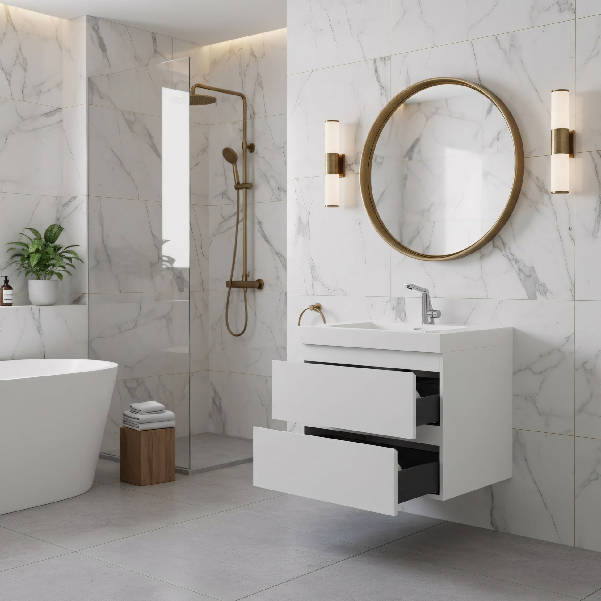 36" Glossy White Wall Mount Bathroom Vanity with White Polymarble Countertop-Migration_Bathroom Vanities-DECOROLALA