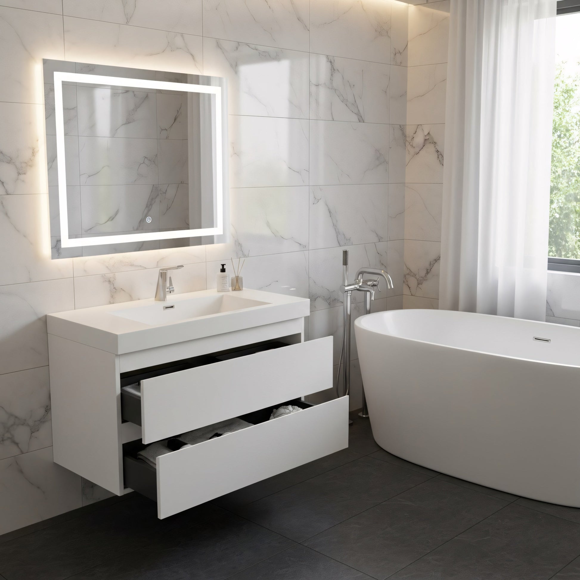 36" Glossy White Wall Mount Bathroom Vanity with White Polymarble Countertop-Migration_Bathroom Vanities-DECOROLALA