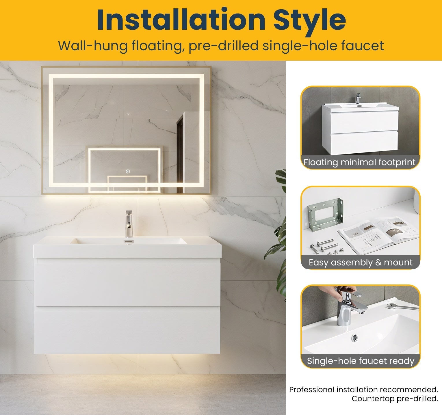 36" Glossy White Wall Mount Bathroom Vanity with White Polymarble Countertop-Migration_Bathroom Vanities-DECOROLALA