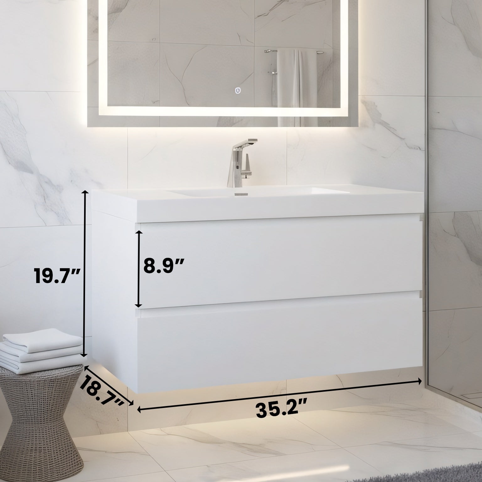 36" Glossy White Wall Mount Bathroom Vanity with White Polymarble Countertop-Migration_Bathroom Vanities-DECOROLALA