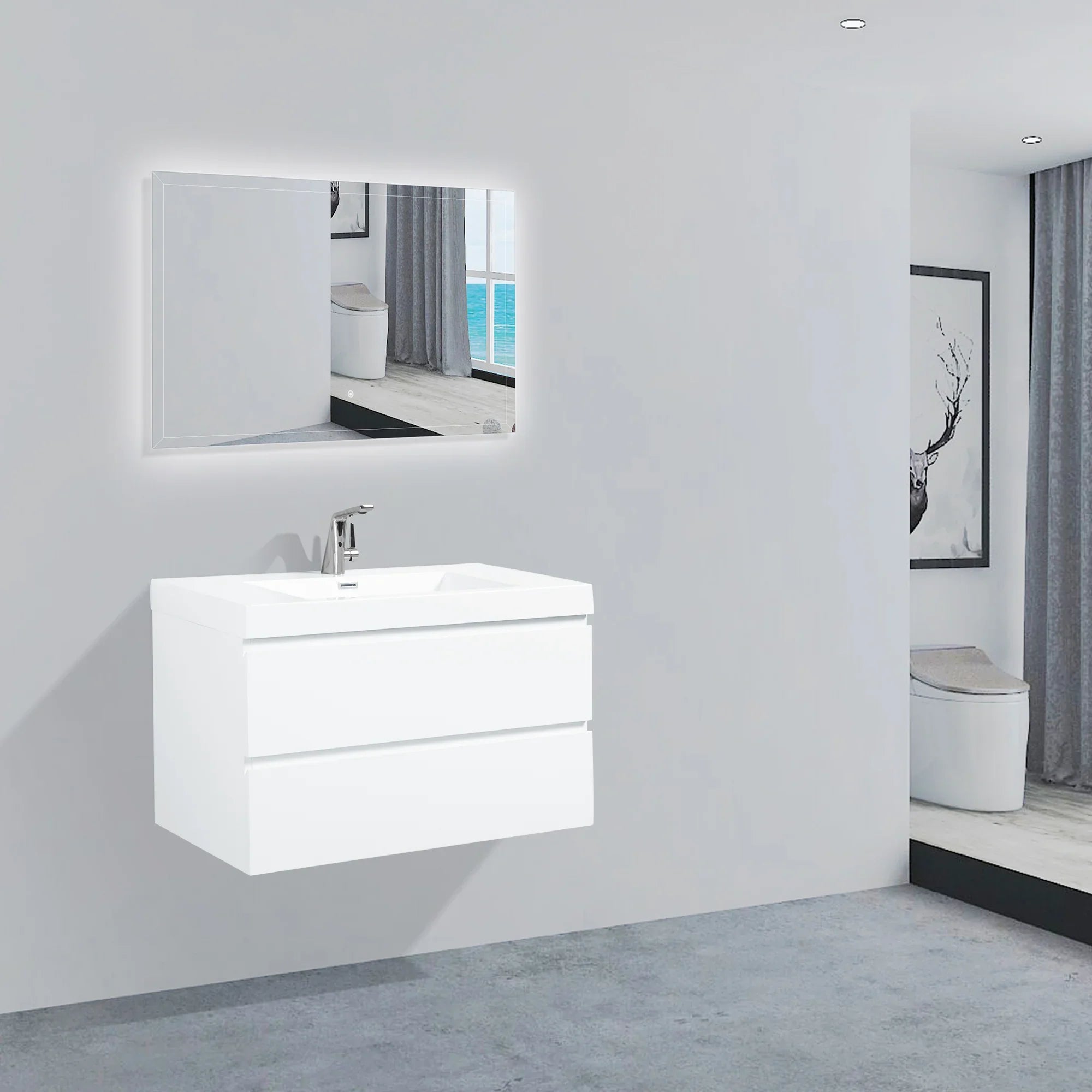 36" Glossy White Wall Mount Bathroom Vanity with White Polymarble Countertop-Migration_Bathroom Vanities-DECOROLALA