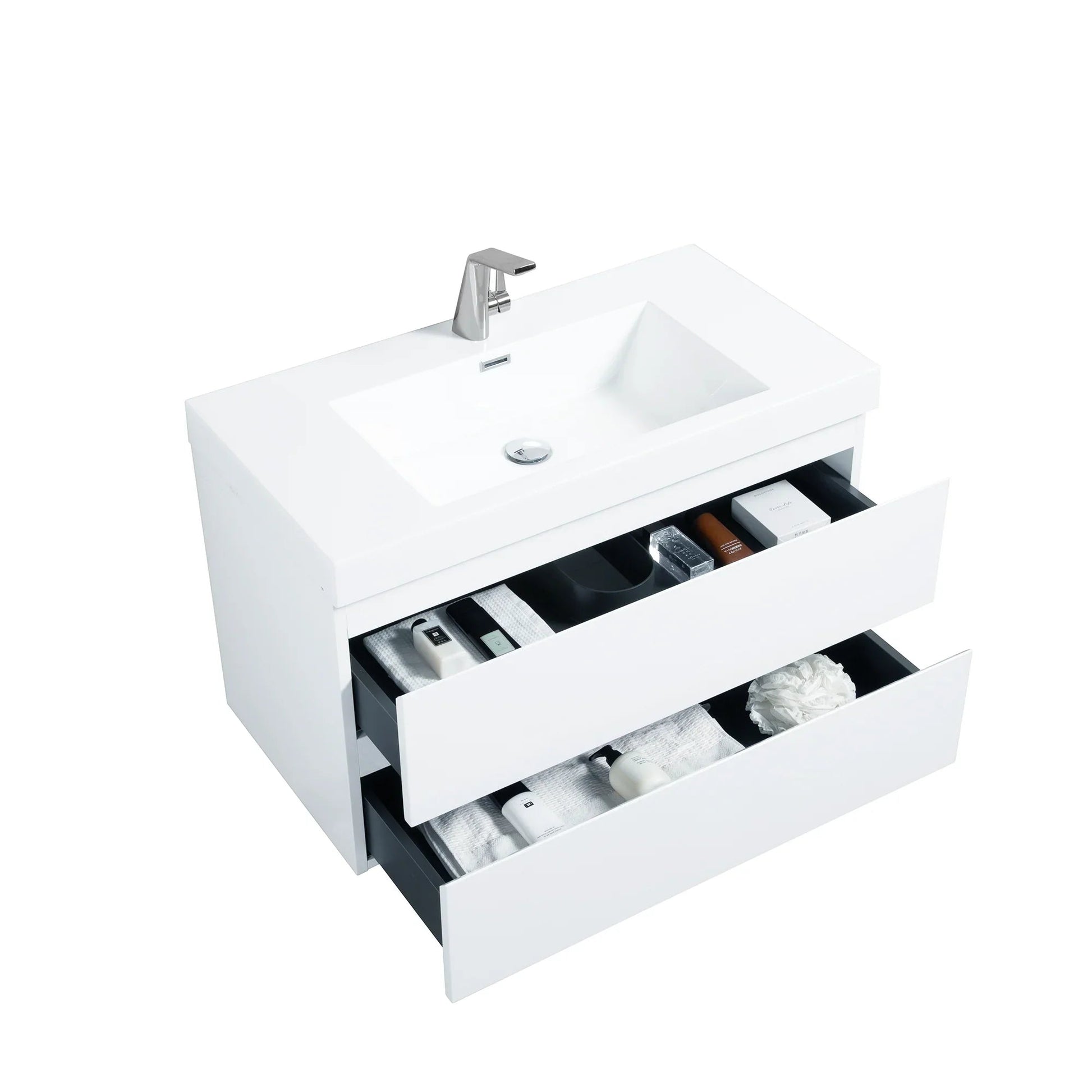 36" Glossy White Wall Mount Bathroom Vanity with White Polymarble Countertop-Migration_Bathroom Vanities-DECOROLALA