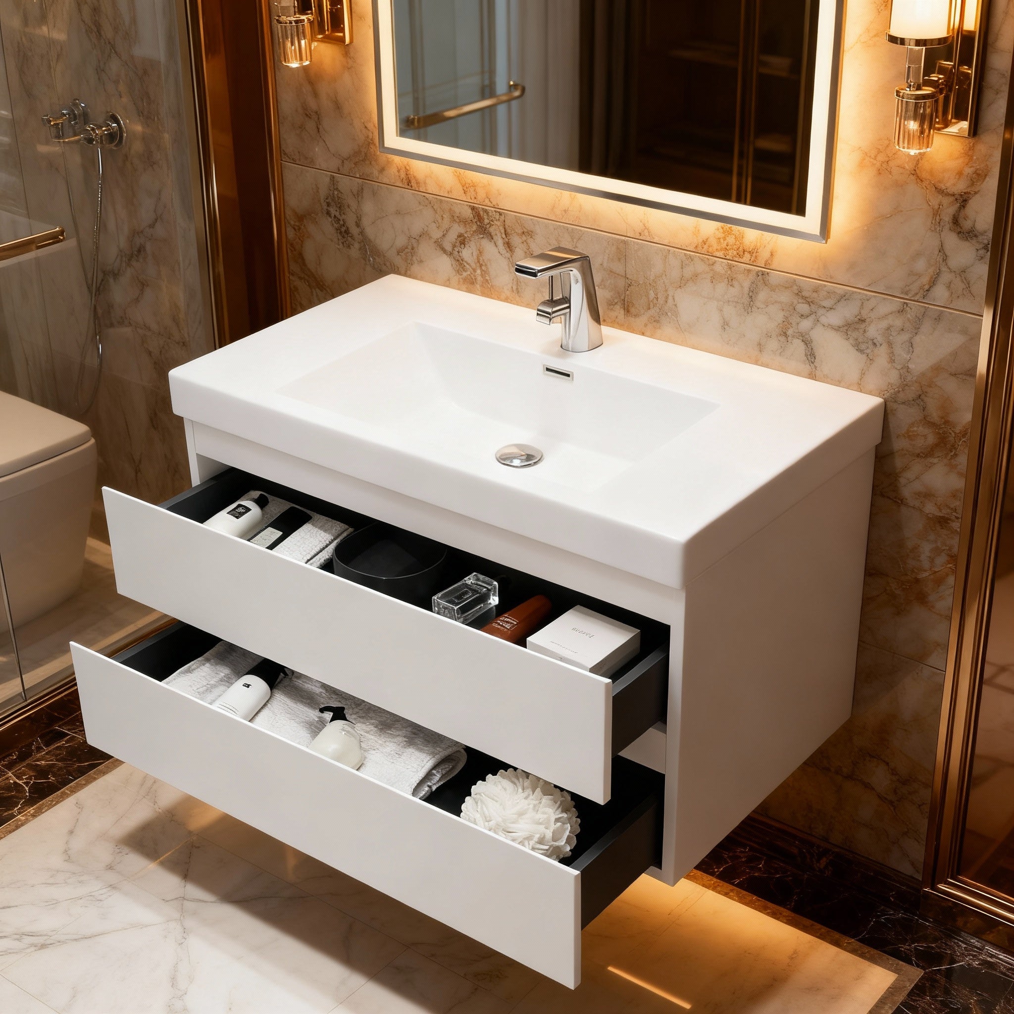 36" Glossy White Wall Mount Bathroom Vanity with White Polymarble Countertop-Migration_Bathroom Vanities-DECOROLALA