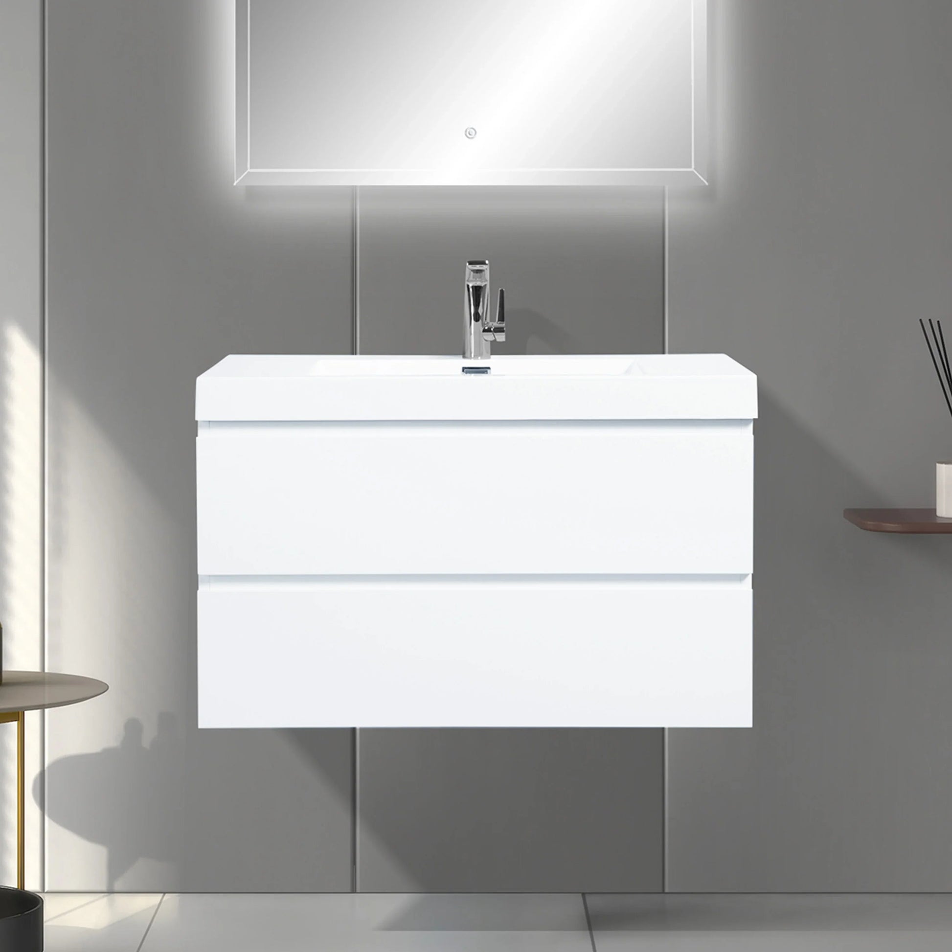 36" Glossy White Wall Mount Bathroom Vanity with White Polymarble Countertop-Migration_Bathroom Vanities-DECOROLALA